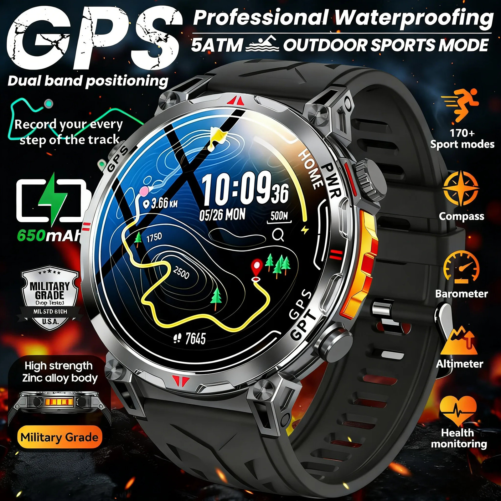 2026 New Outdoor GPS Sports Smartwatches Men Compass 5ATM Waterproof 24/7 Health