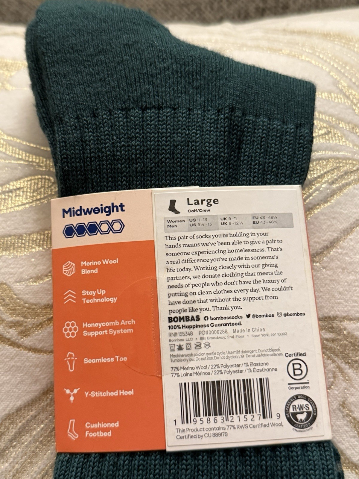 Bombas Merino Wool Blend Midweight Crew Socks Size Large (M 9.5-13, W 11-13)