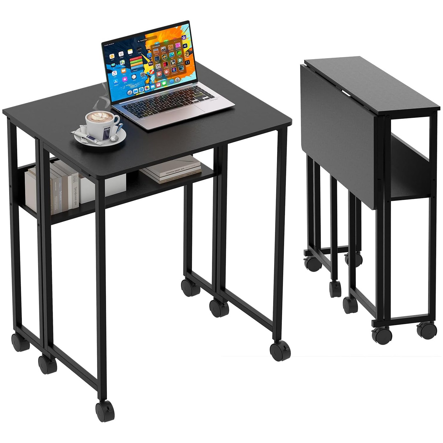 Folding Desk with Storage Shelf Rolling Desk on Wheels Foldable Computer Table