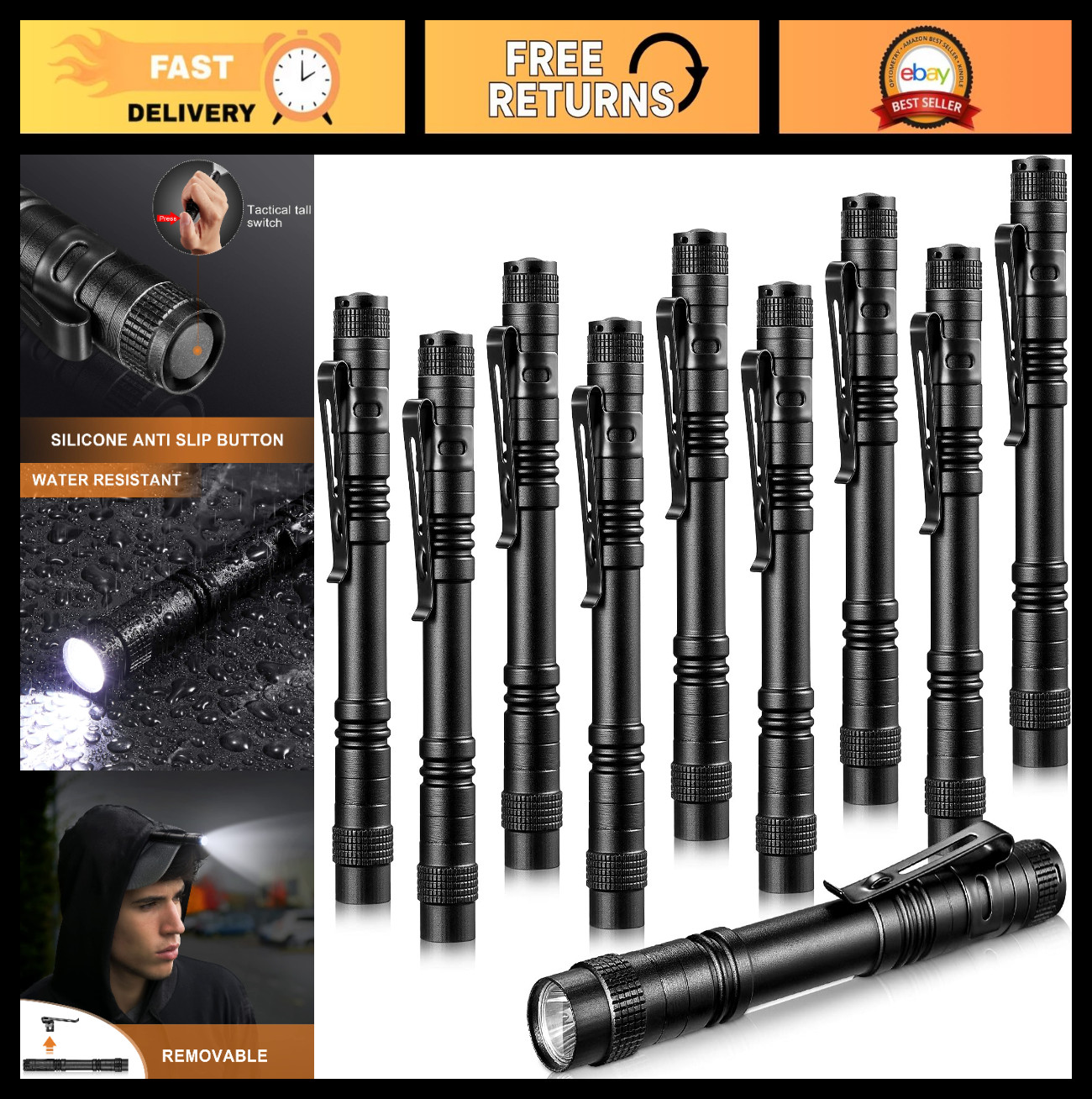 10 Mini LED Pen Lights - Small Aluminum Pocket Flashlights with Clip for Camping