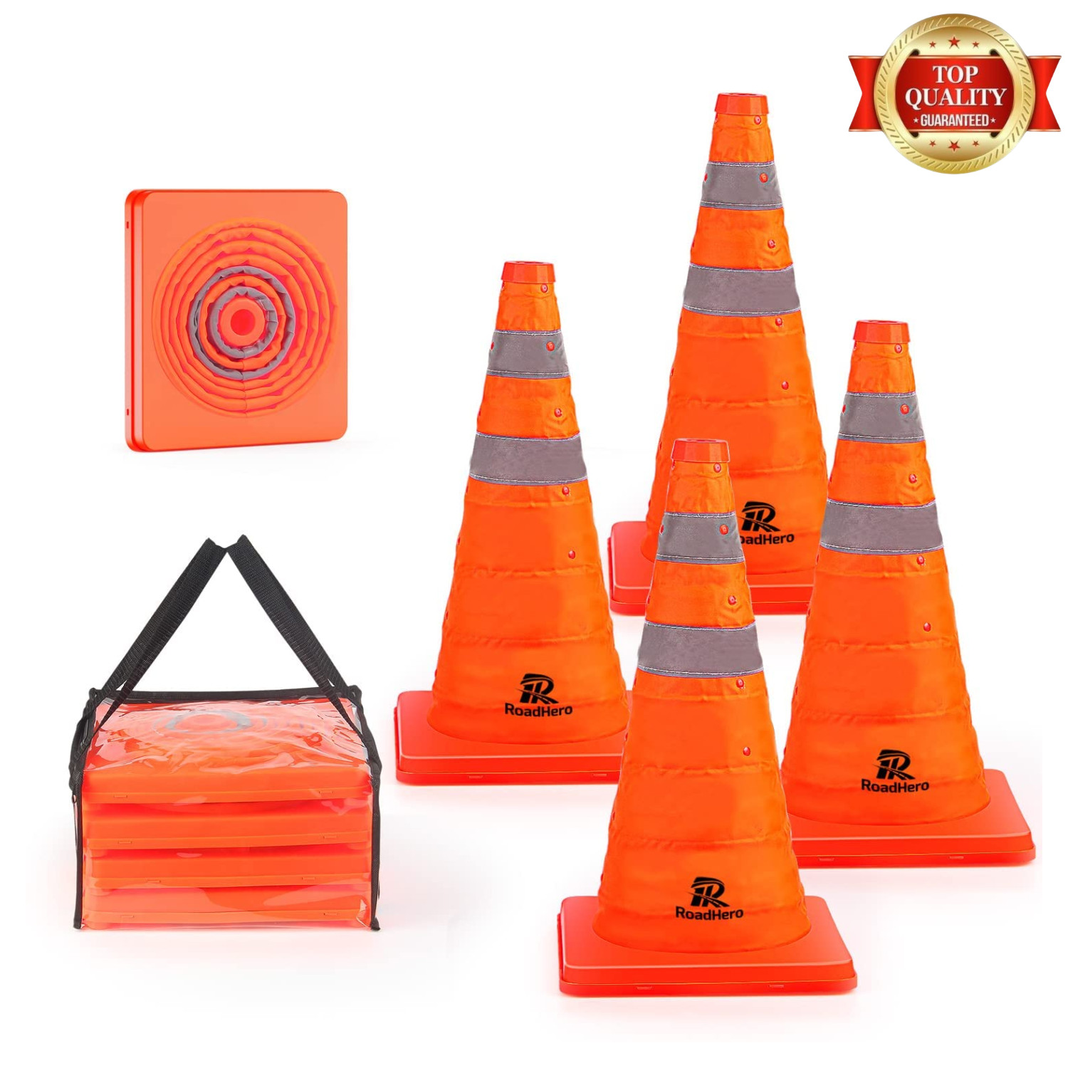 18 Inch 4 Pack Collapsible Traffic Safety Cones with Bag, Orange | Foldable Desi