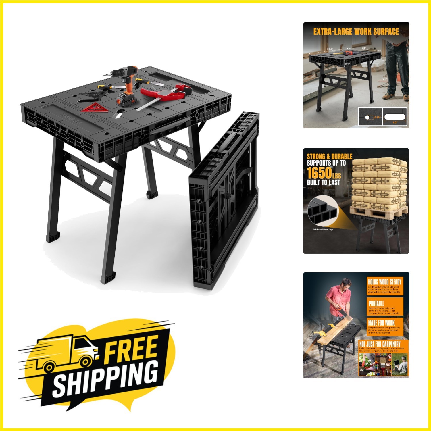 Lightweight Folding Workbench - 34" W x 24" D, Perfect for Home & Work