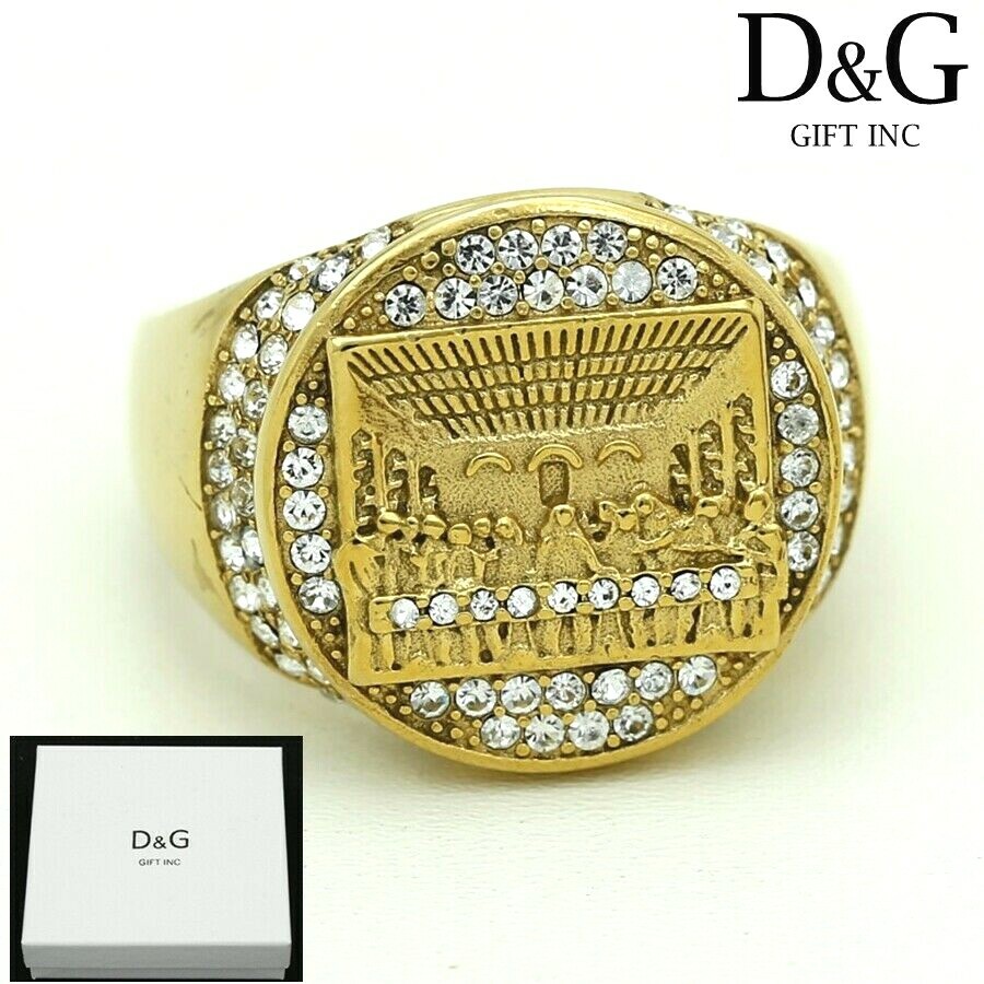 DG Men's Stainless Steel JESUS LAST SUPPER CZ Round Ring 7-13*Gold plated Box
