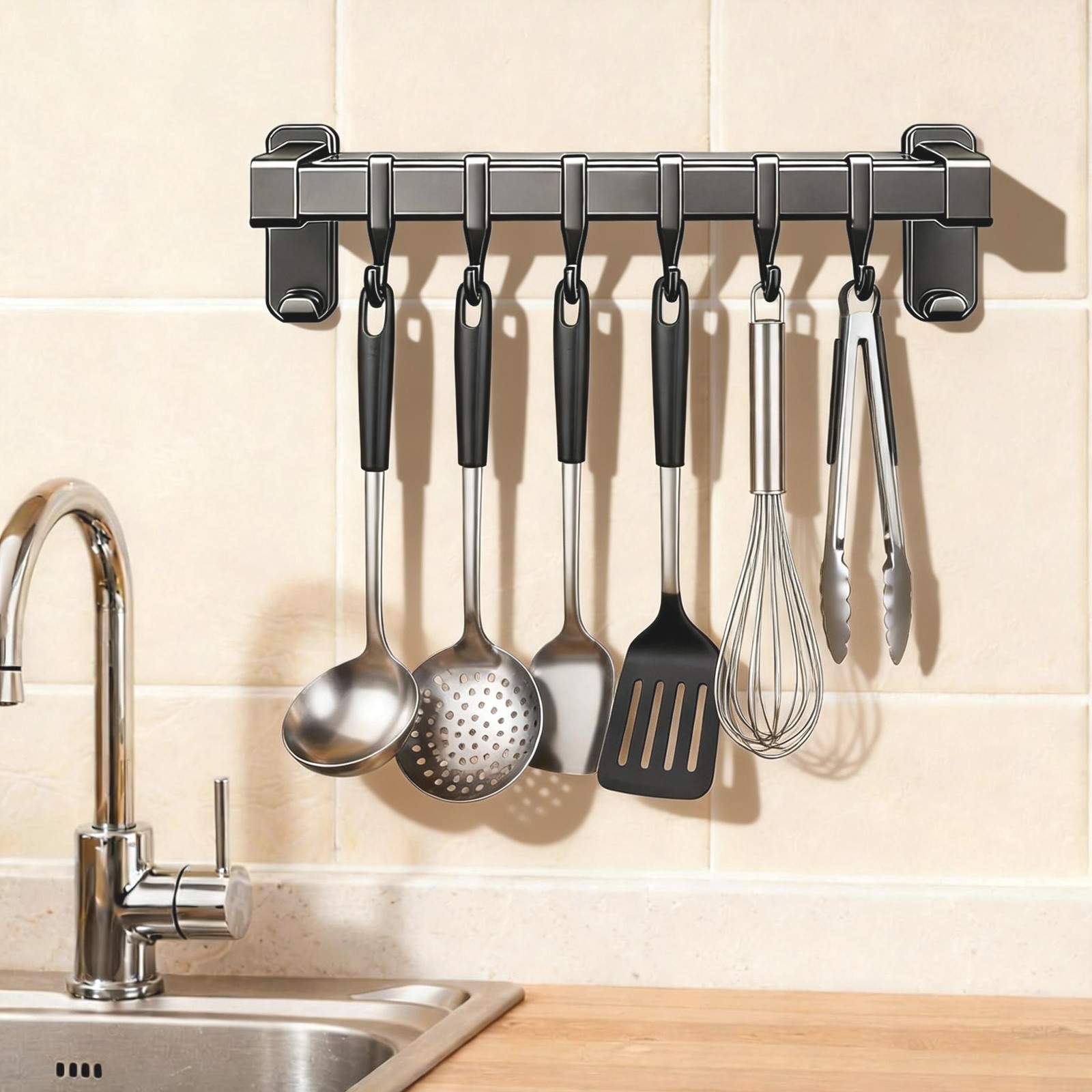 Wall Mounted Storage Rack with 6 Hooks for Knife, Spatula, Pot Lid, Apron