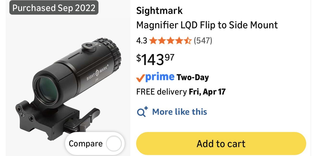 Sight Mark 3X Magnifier with Heavy-Duty 30mm QD Slide-To-Side Mount