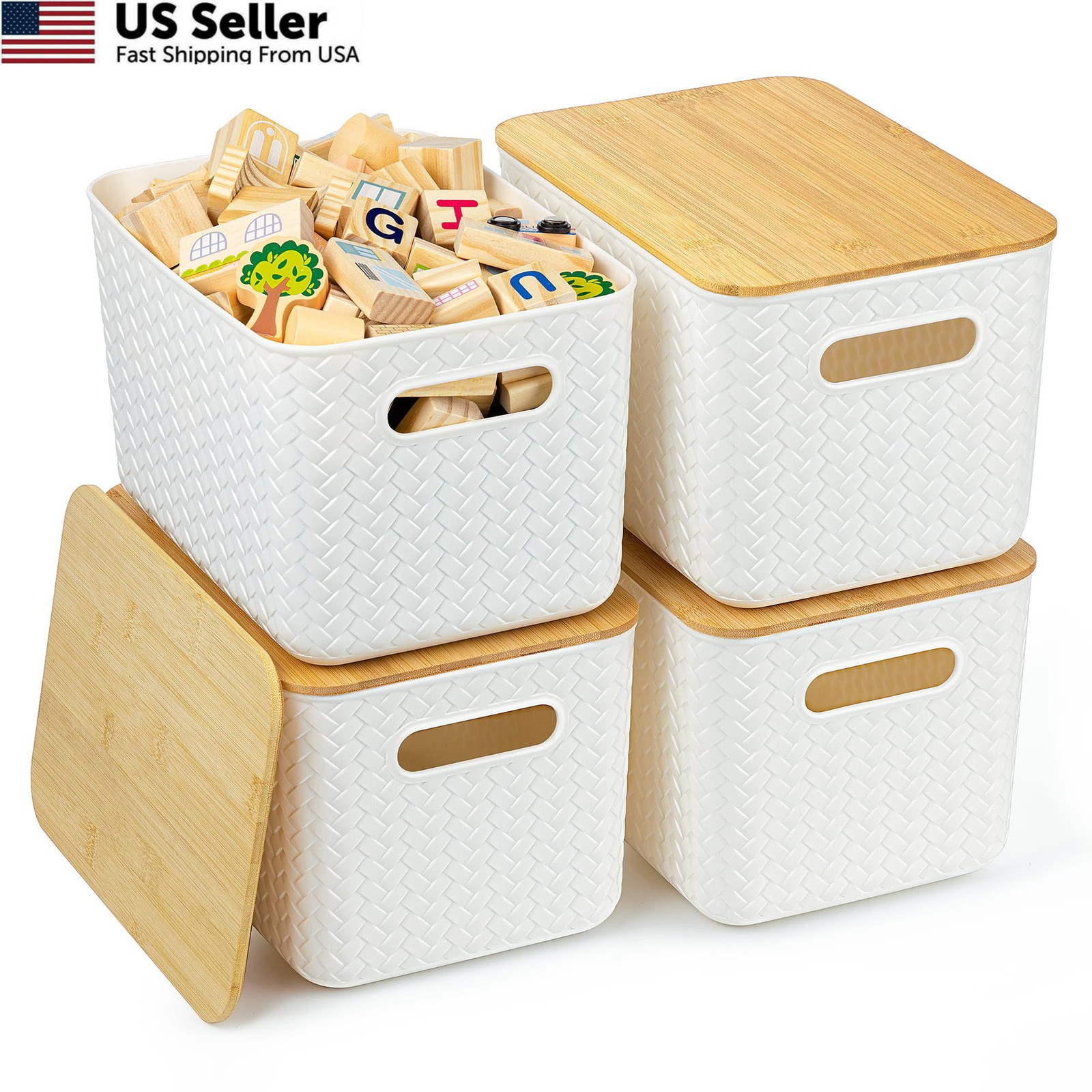 Ohmlove 4 Packs Storage Bins with Bamboo Lids - 10.2 x 7 x 6.5 inch, White