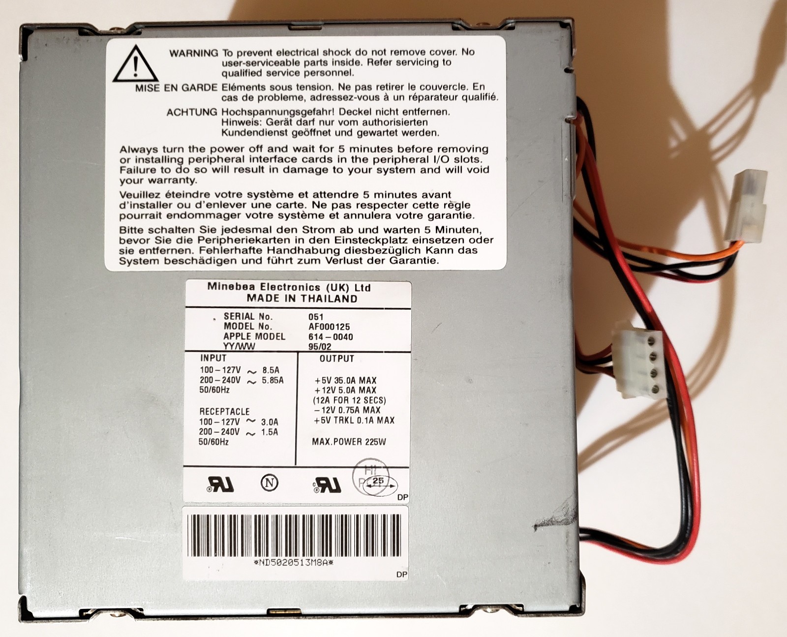 Minebea Electronics Ltd AF000125 Power Supply APPLE PN 614-0040