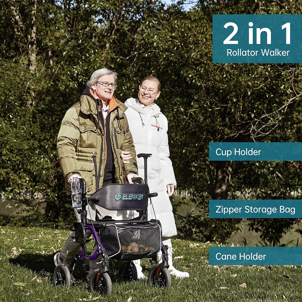10” Deluxe ELENKER Rollator Walker 2 in 1 Medical Transport Chair Wheelchair Aid