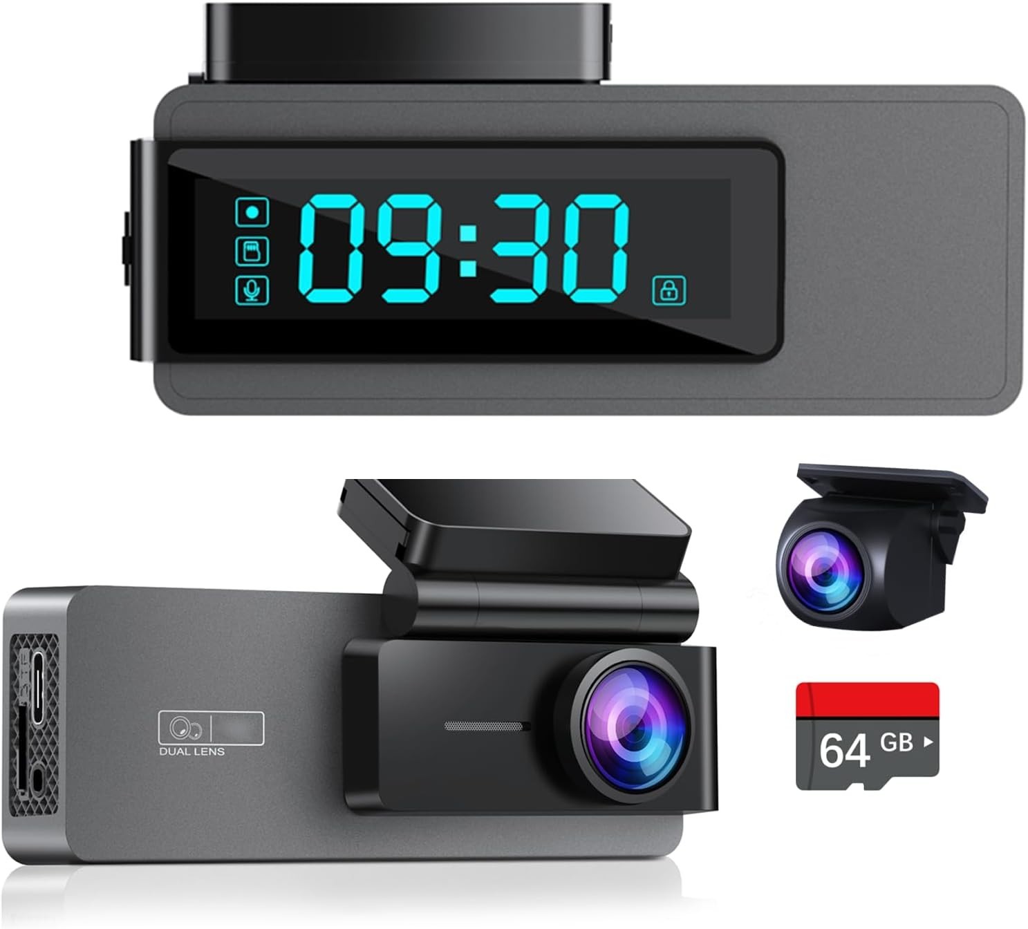 2.5K+1080P Dual Dash Cam with Night Vision – Front and Rear Recording, 64GB