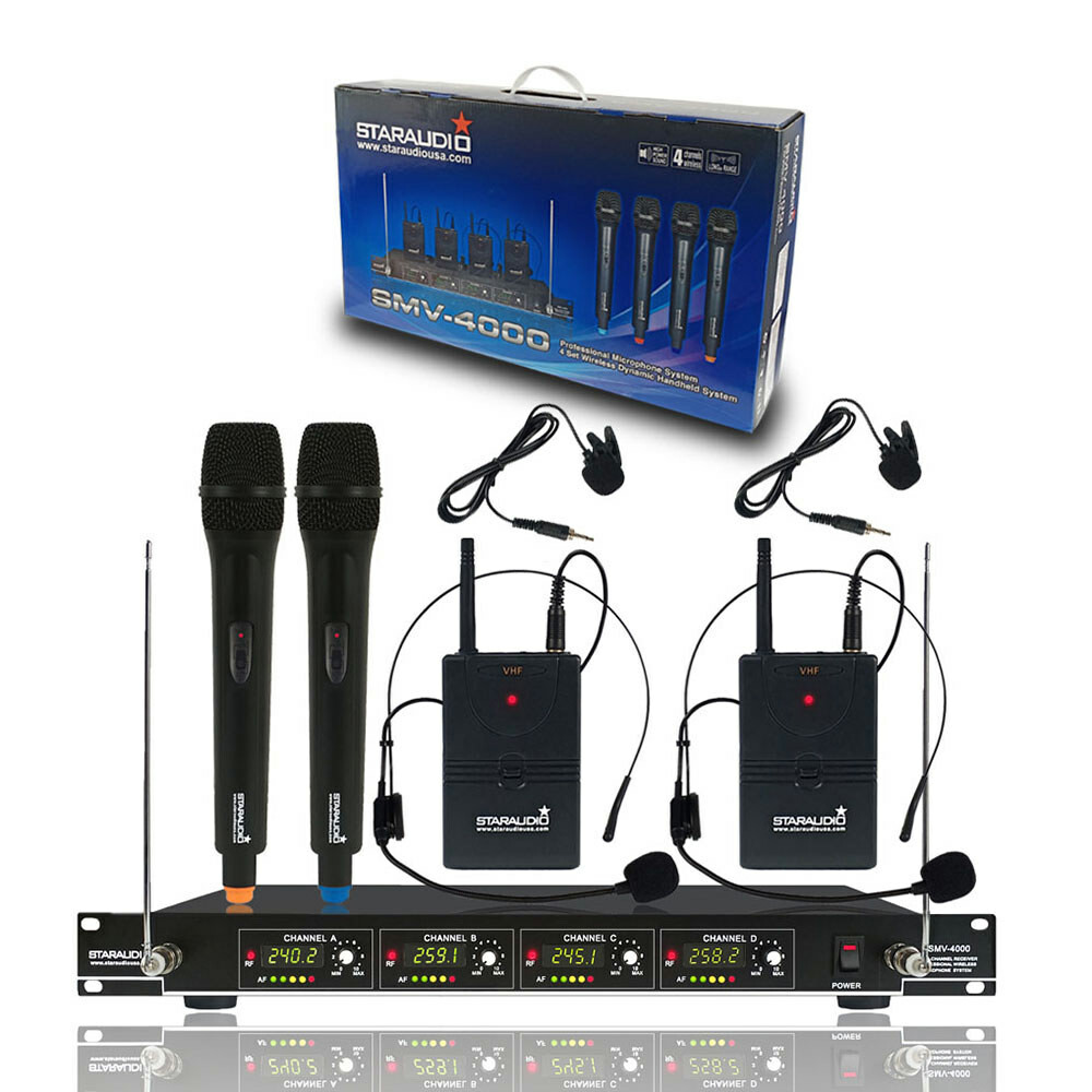 4CH Wireless VHF Microphone Reciever 2 Handheld 2 Headset Lavalier Bodypacks Mic