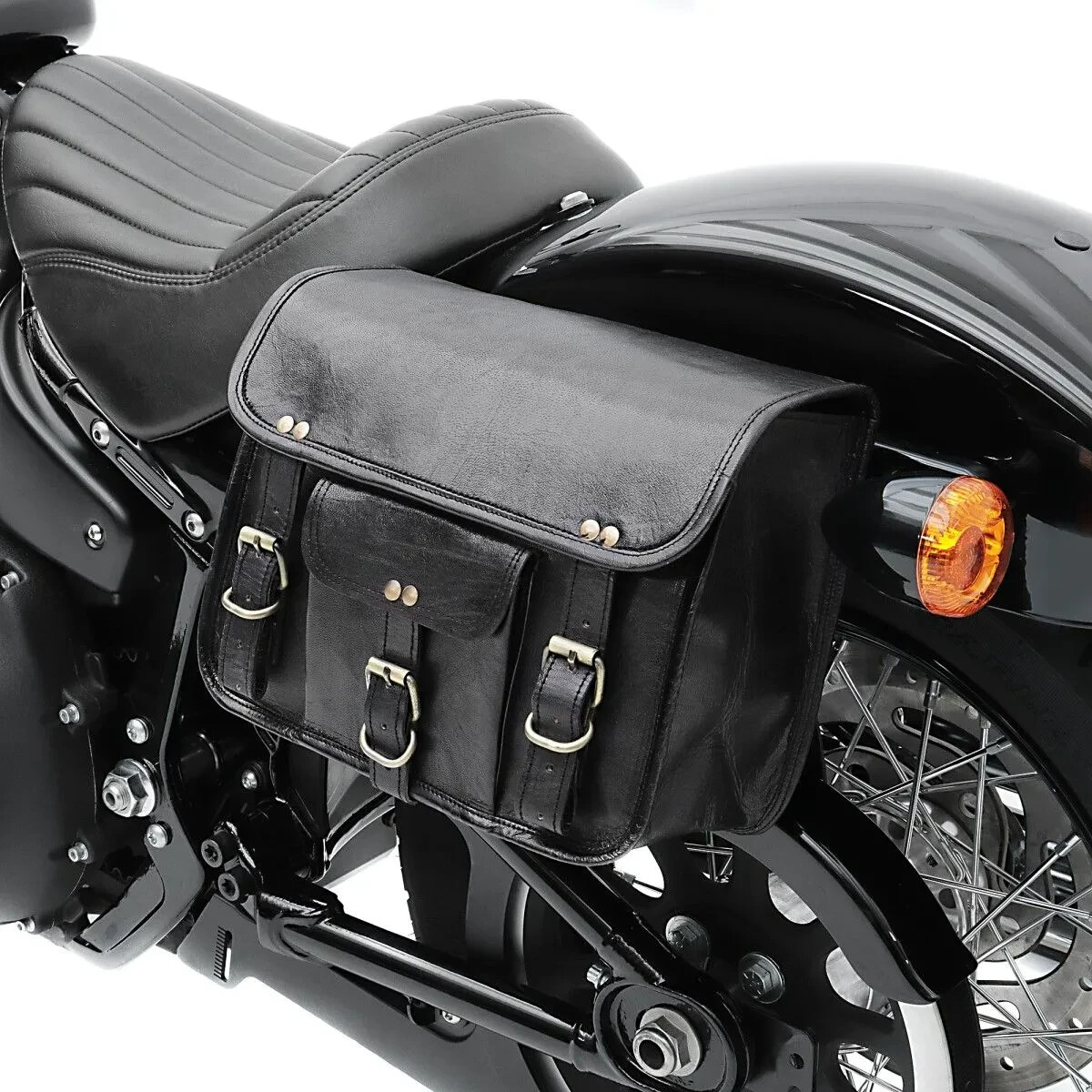 2 Saddle Bags For Motorcycle Left and Right Side Black Genuine Leather Panniers