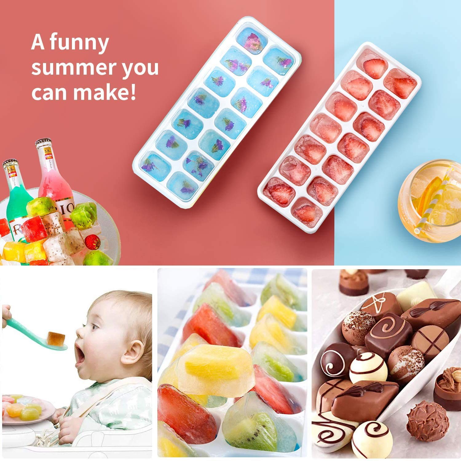Ice Cube Trays 4 Pack Silicone With Removable Lid Easyrelease Flexible 14cube Tr