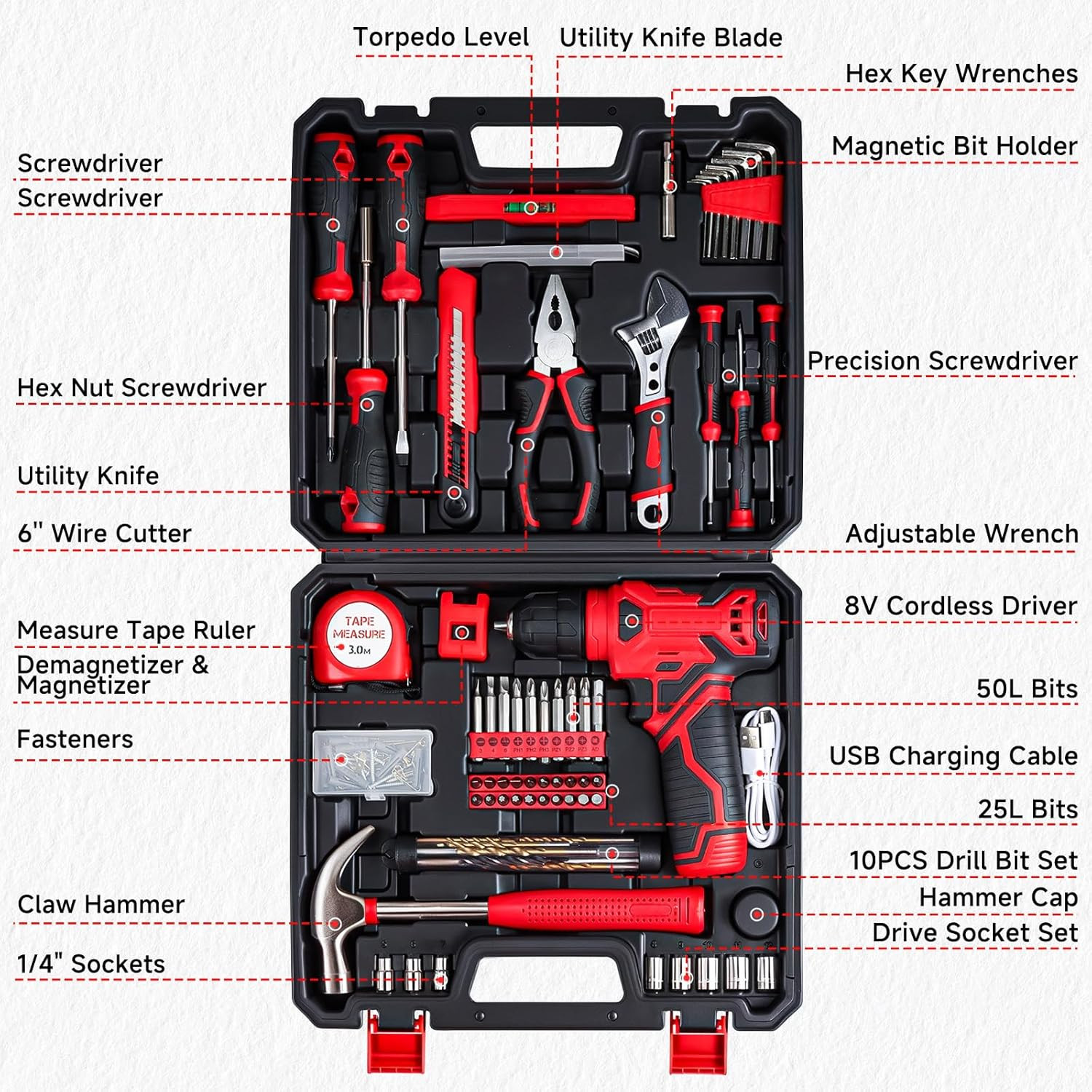 Tool Set - 8V Cordless Drill Set, 132 Piece Home Tool Set with Hand Drill, Tool