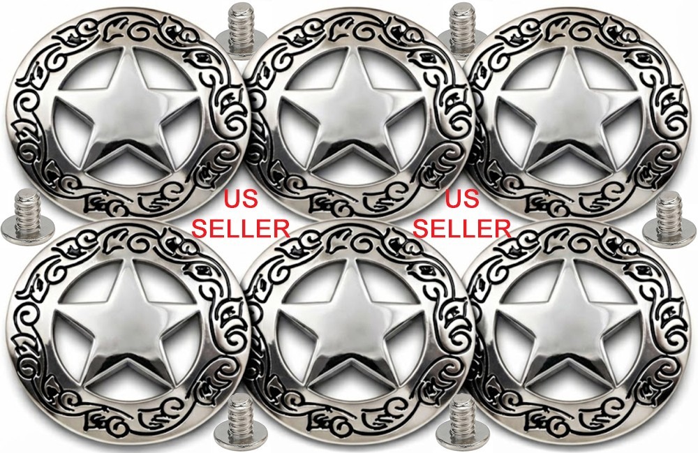 6 PC Silver Engraved Texas Ranger Star Conchos 1-1/8". Screw Back. US SELLER