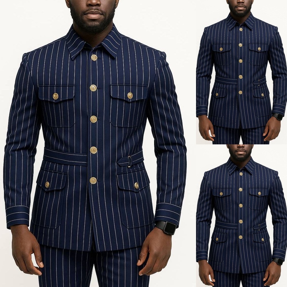 Navy Blue Pinstriped Men's Suits Safari Jacket Wedding Outdoor Hunting Suit 2Pcs