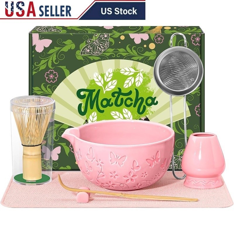 7PCS Matcha Whisk Set Bamboo Whisk Ceramic Bowl Sifter Gift Box Tea Tools New