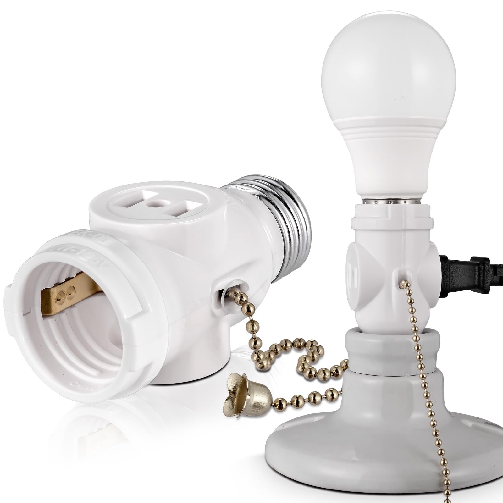 2-Pack E26 Light Socket Adapter - Converts Medium Screw 2-Pack, White Color