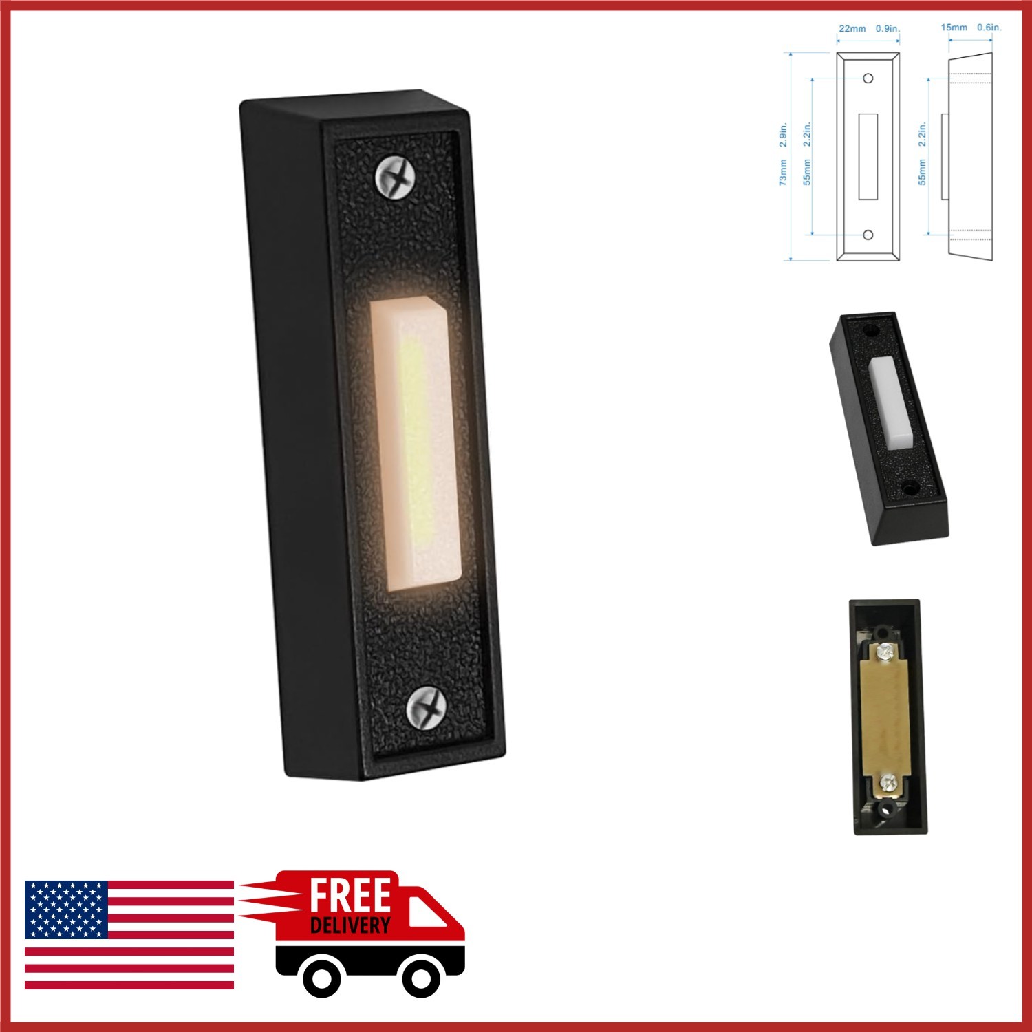 Wall Mounted LED Doorbell Button Push Switch Black for Wired Chime Ring