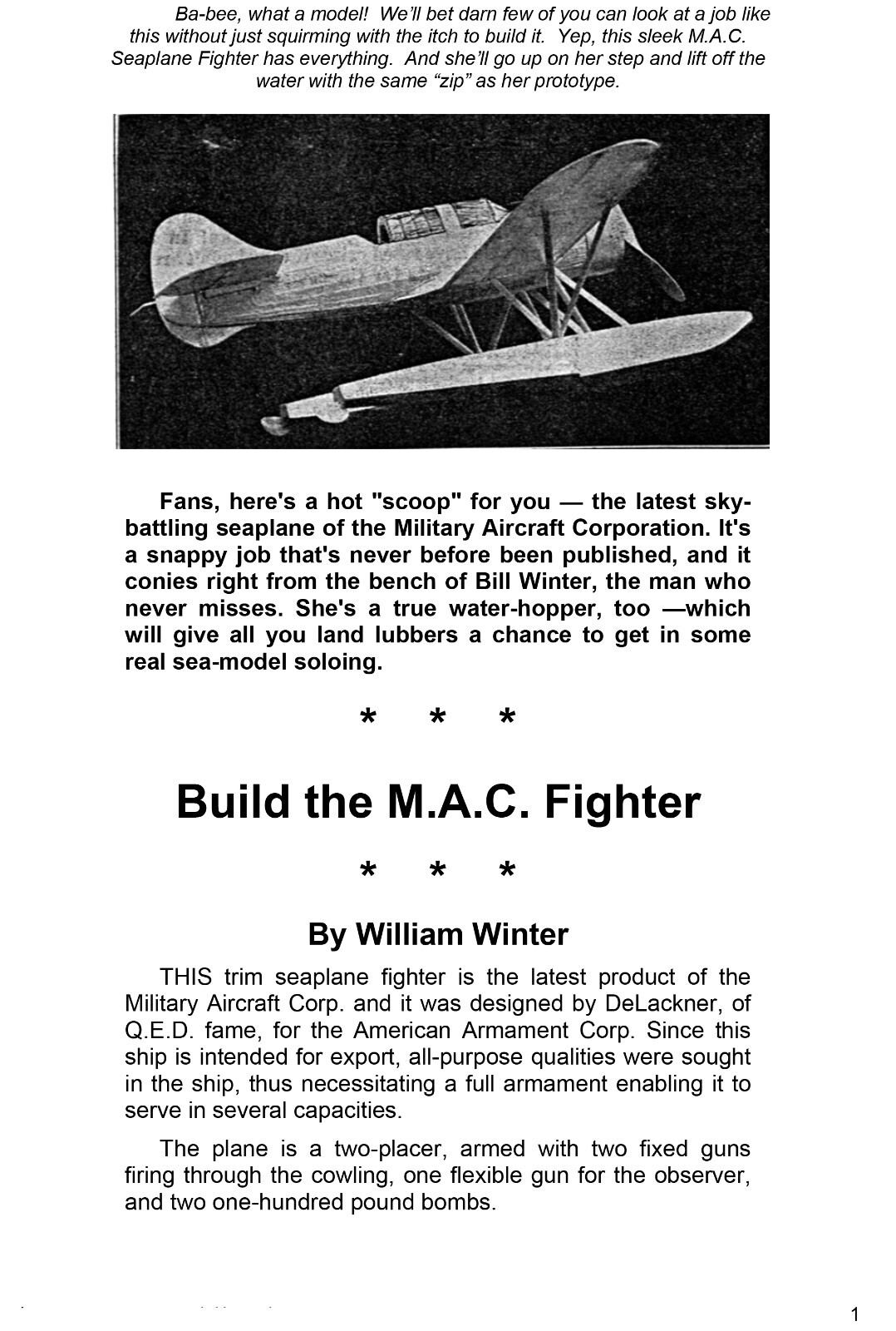 Model Airplane Plans (FF): M.A.C. Fighter 25" Scale Rubber-Powered