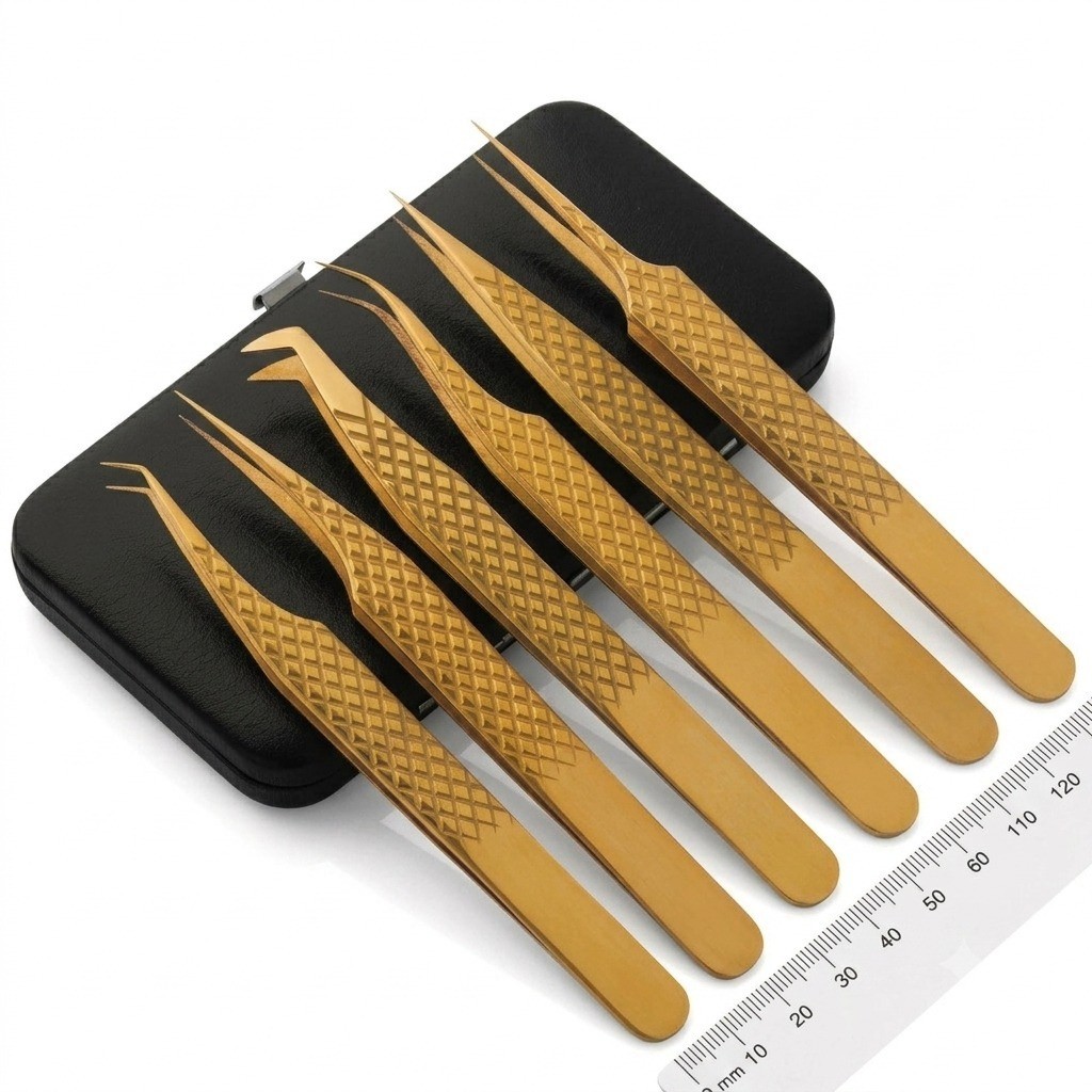 Gold Eyelash Extension Tweezers Professional Volume Lash Kit Magnetic Case 6Pcs