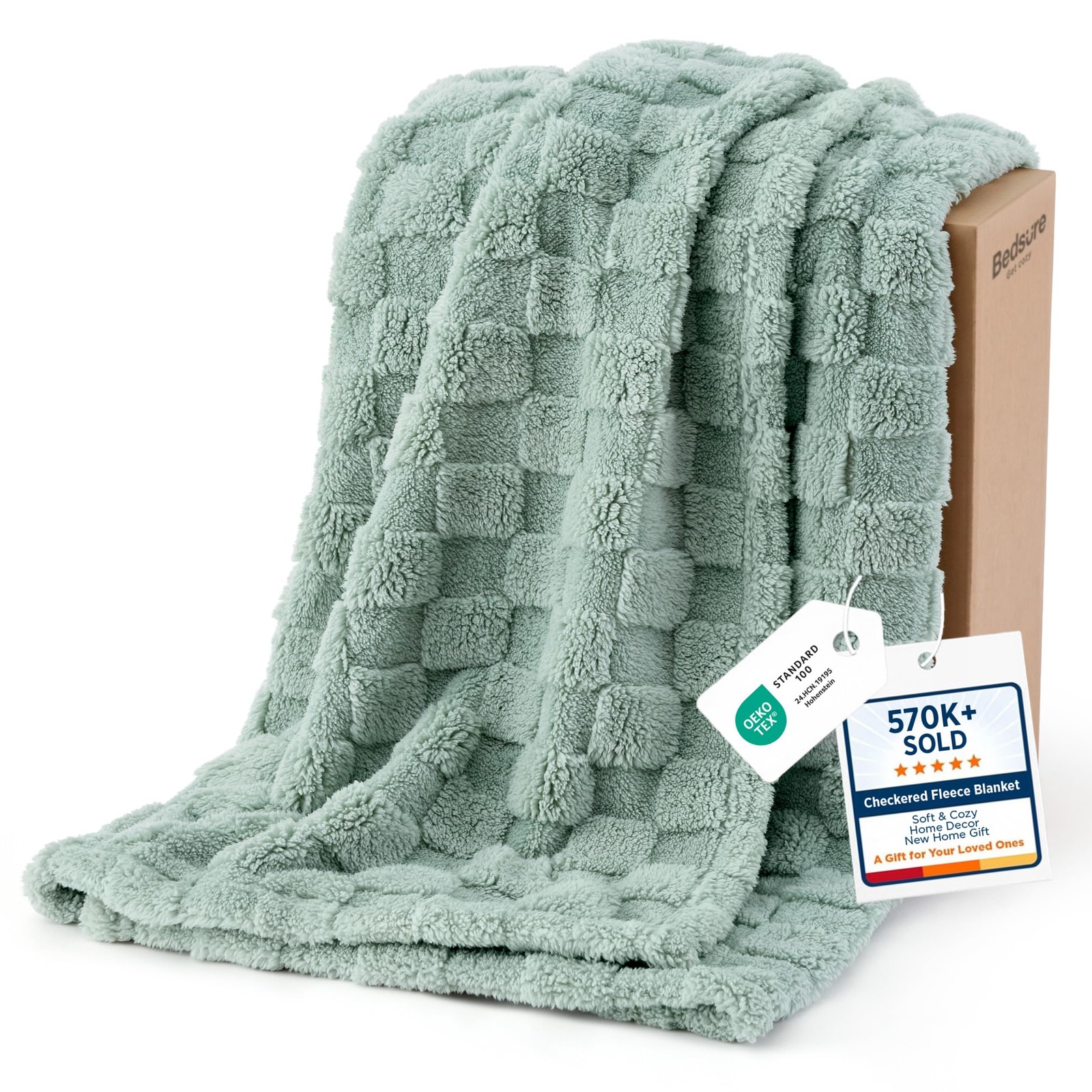 Bedsure GentleSoft Sage Green Throw Blanket for Couch - Checkered Cute Fleece Bl