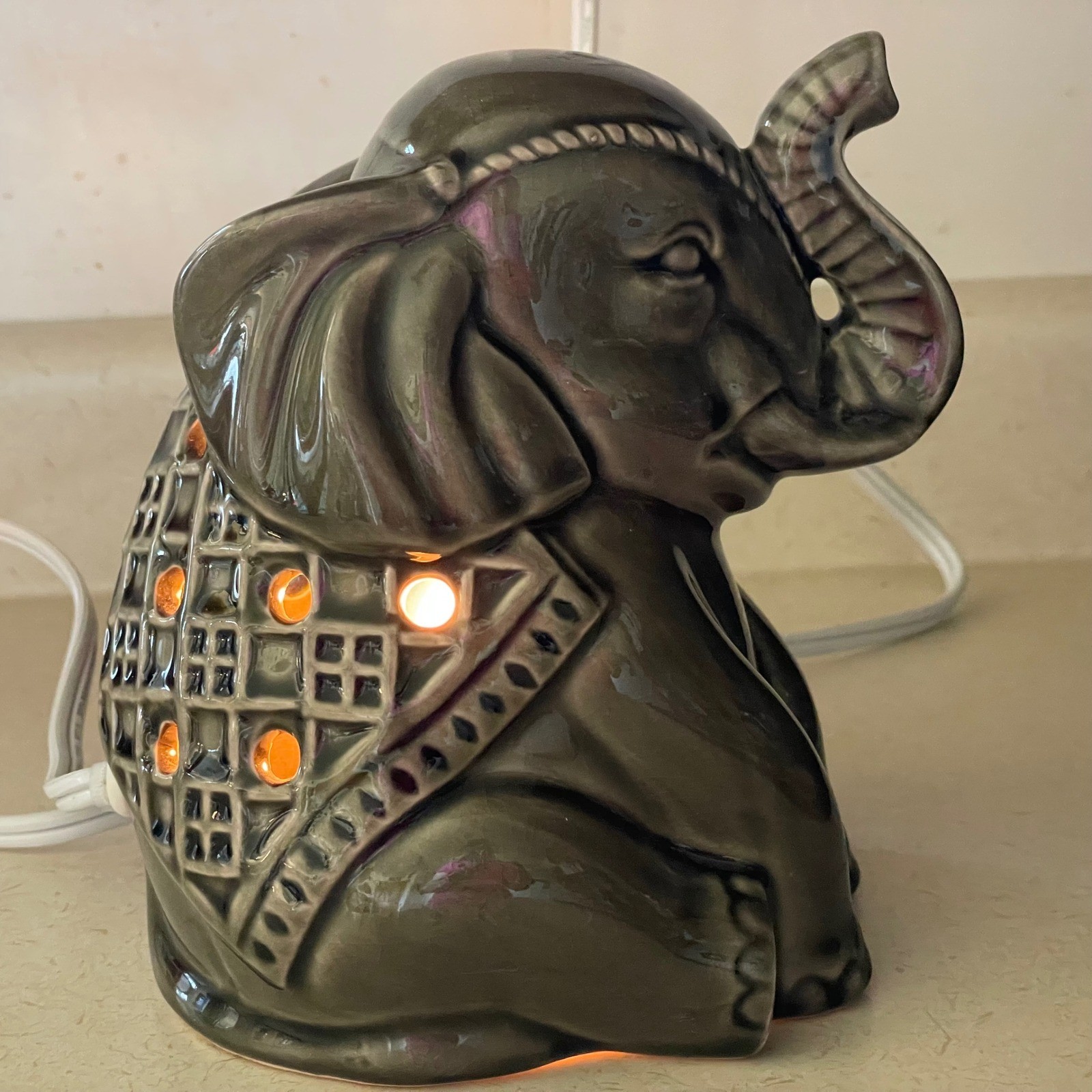 Elephant Night Light Lamp Small Olive Green Ceramic Glazed Trunk Up Good Luck
