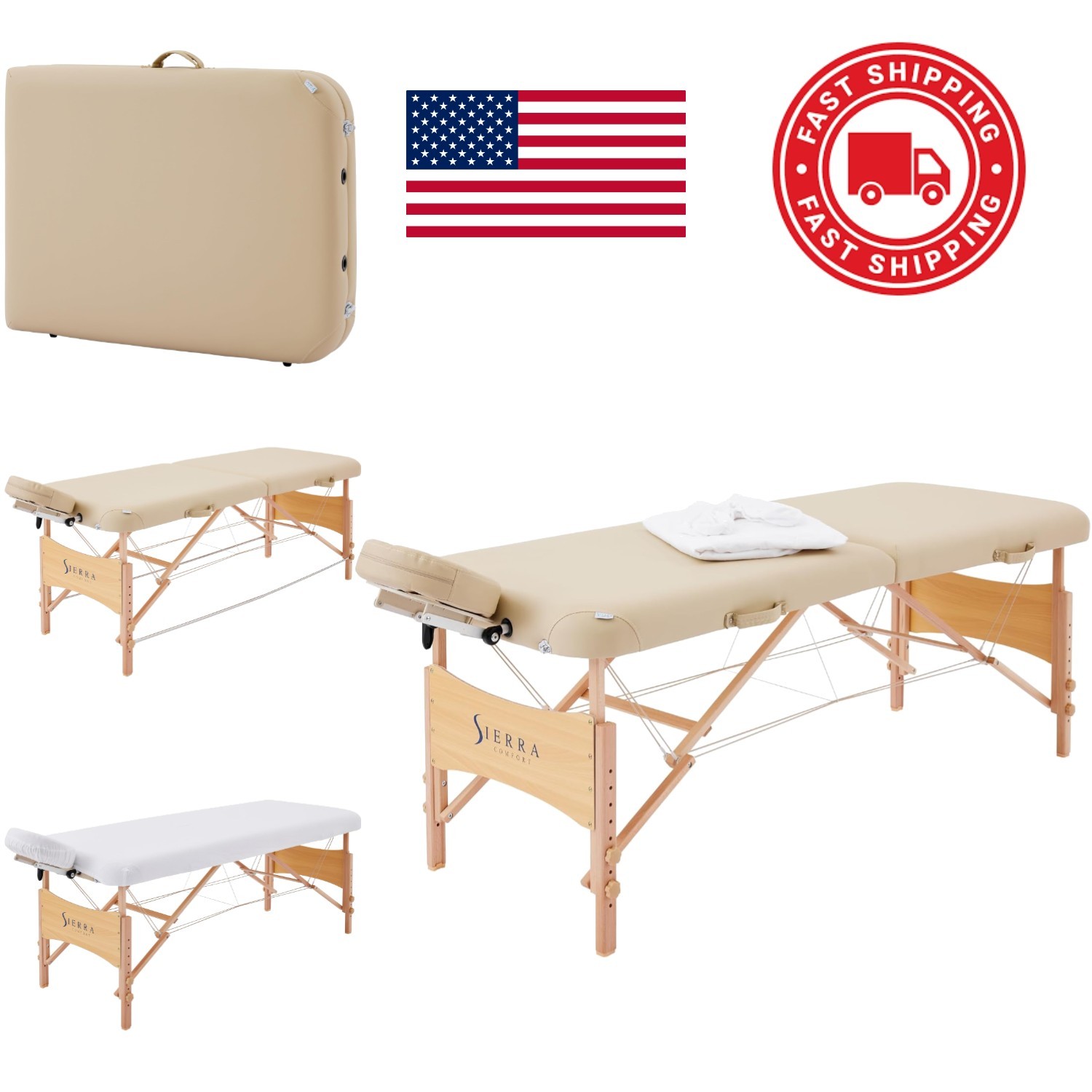Foldable Massage Table 73 Inch Beige PU Leather Water Resistant Upholstery