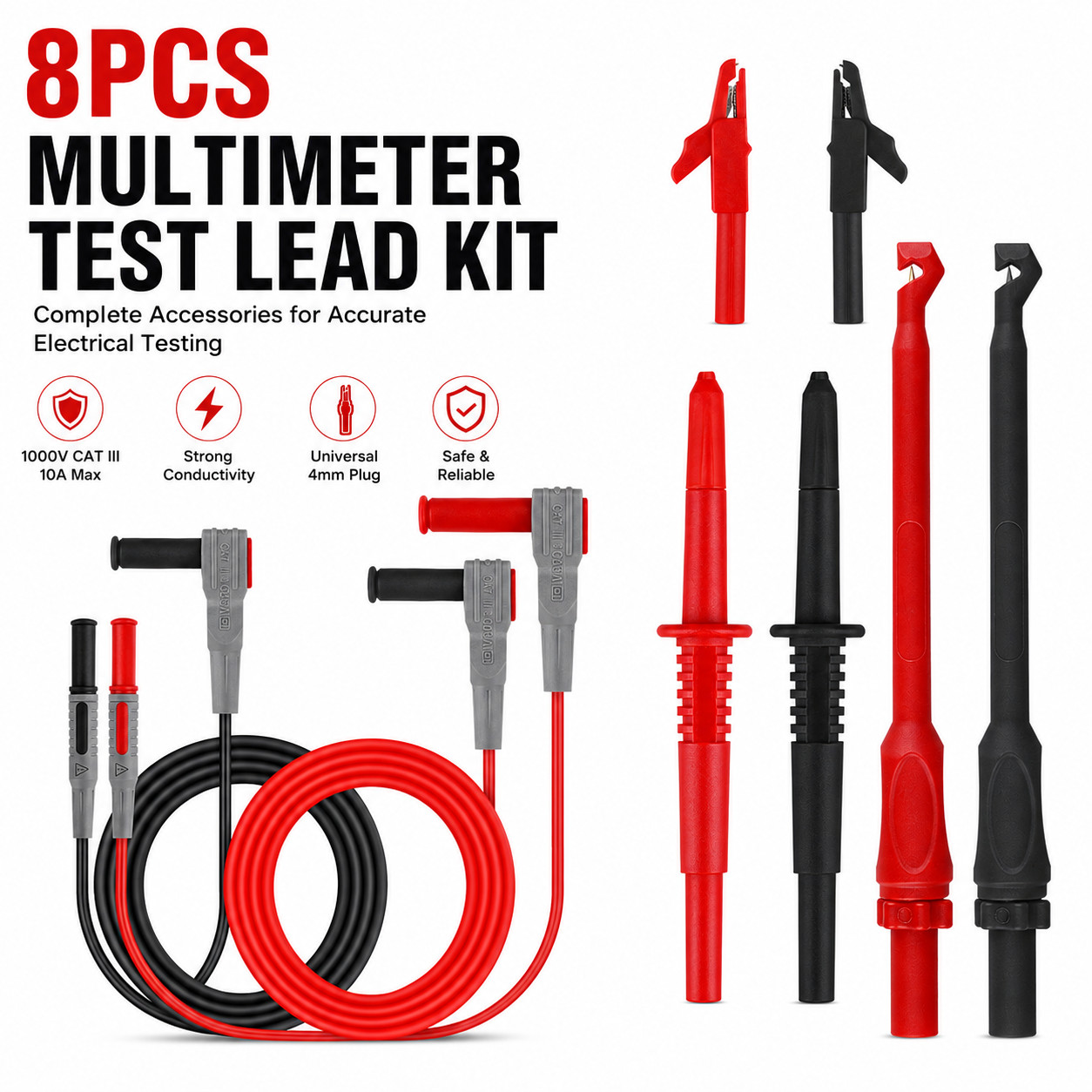 8PCS Multimeter Test Lead Kit 4mm Banana Plug Auto Back Probe Piercing Clip Wire