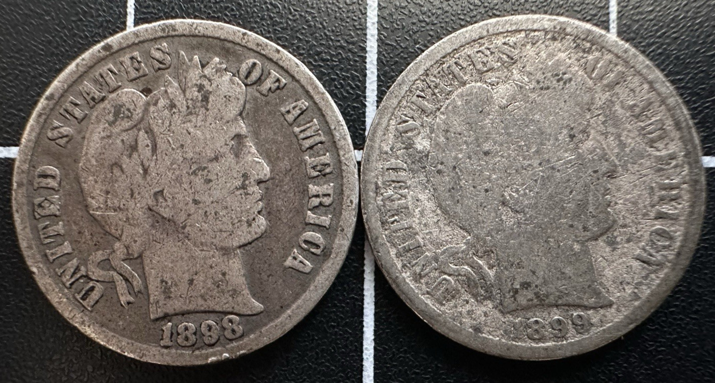 1898-P 1899-P Lot of 2 Barber Dime 10C 90% Silver Avg Circulation AG