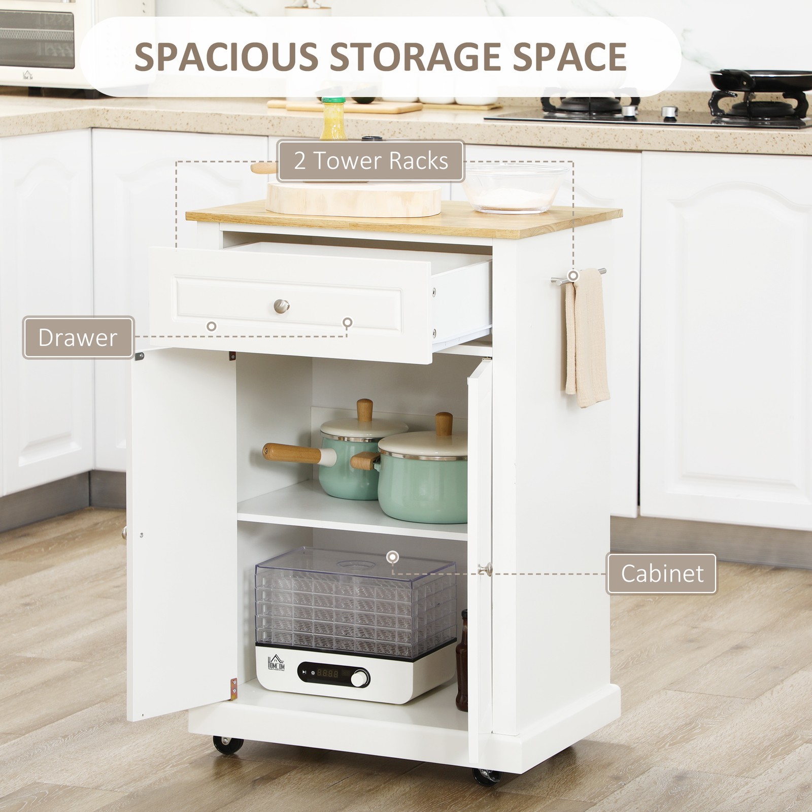 Modern Rolling Kitchen Island Storage Cart w/ Drawer & Adjustable Shelf, White