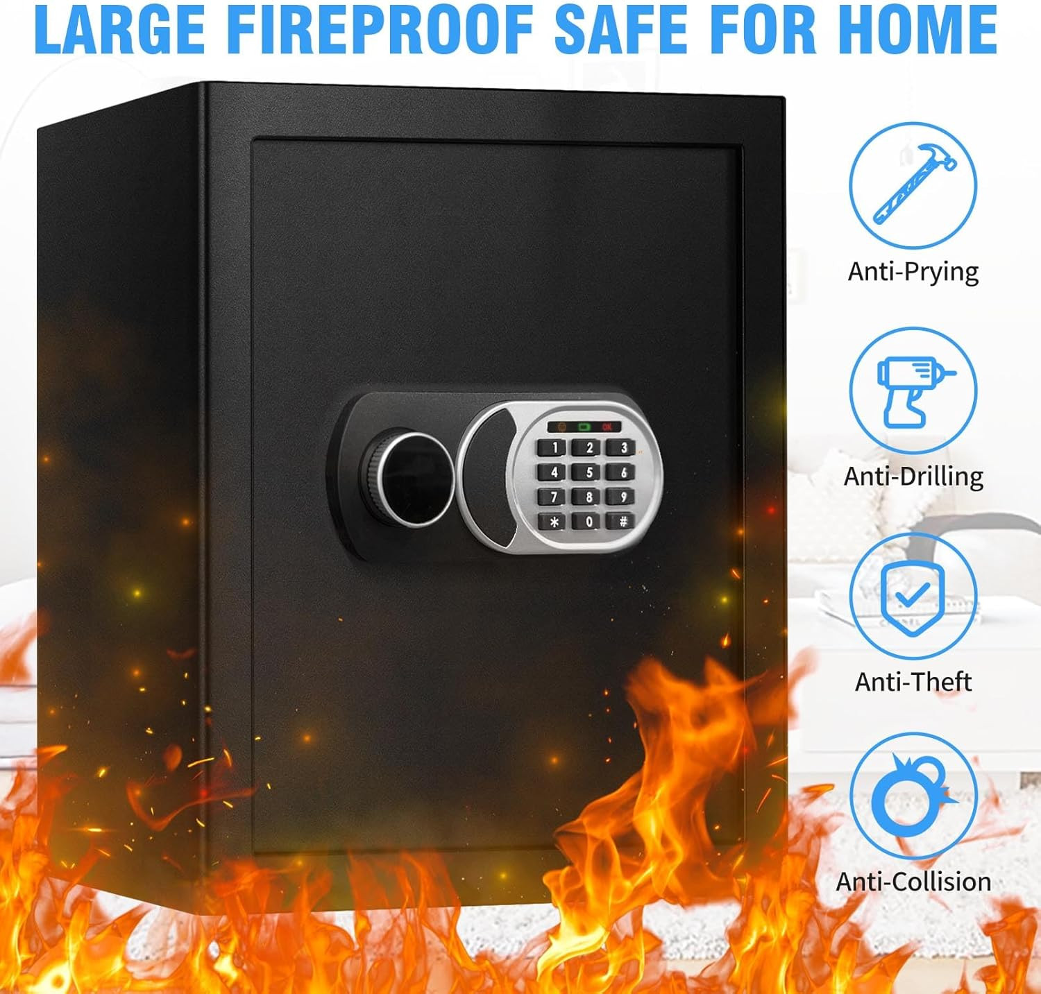 3.0 Cuft Fireproof Waterproof Safe with Digital Keypad & LED Light