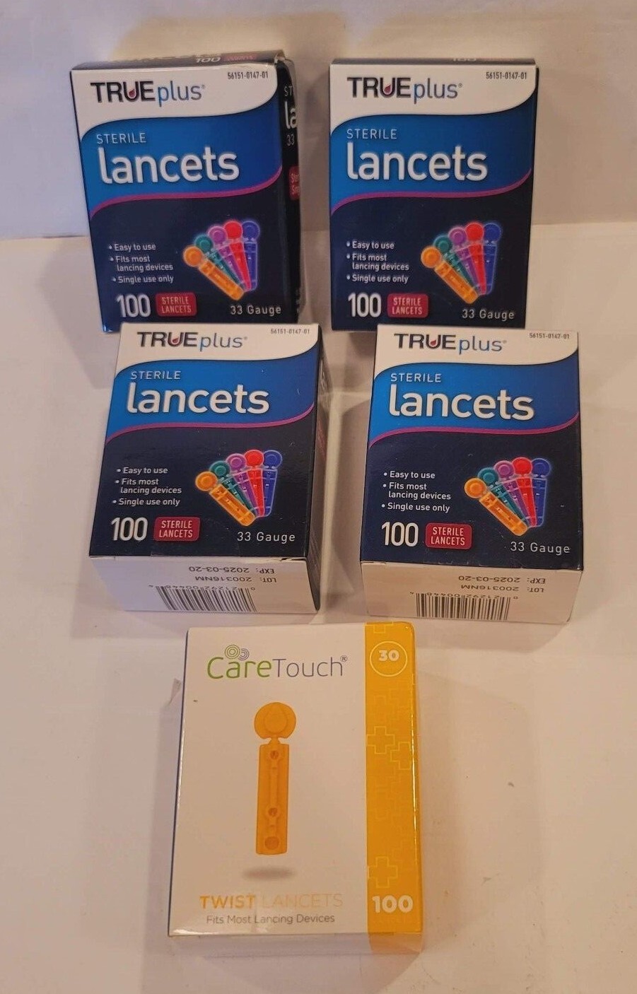 Diabetic Sterile Test Lancets TRUEPlus and CareTouch Sealed 5 Boxes 500 Lancets