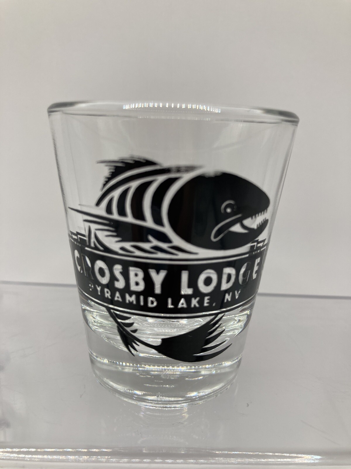 Vintage Crosby Lodge Pyramid Lake NV Fish Clear w/ Black Print USA