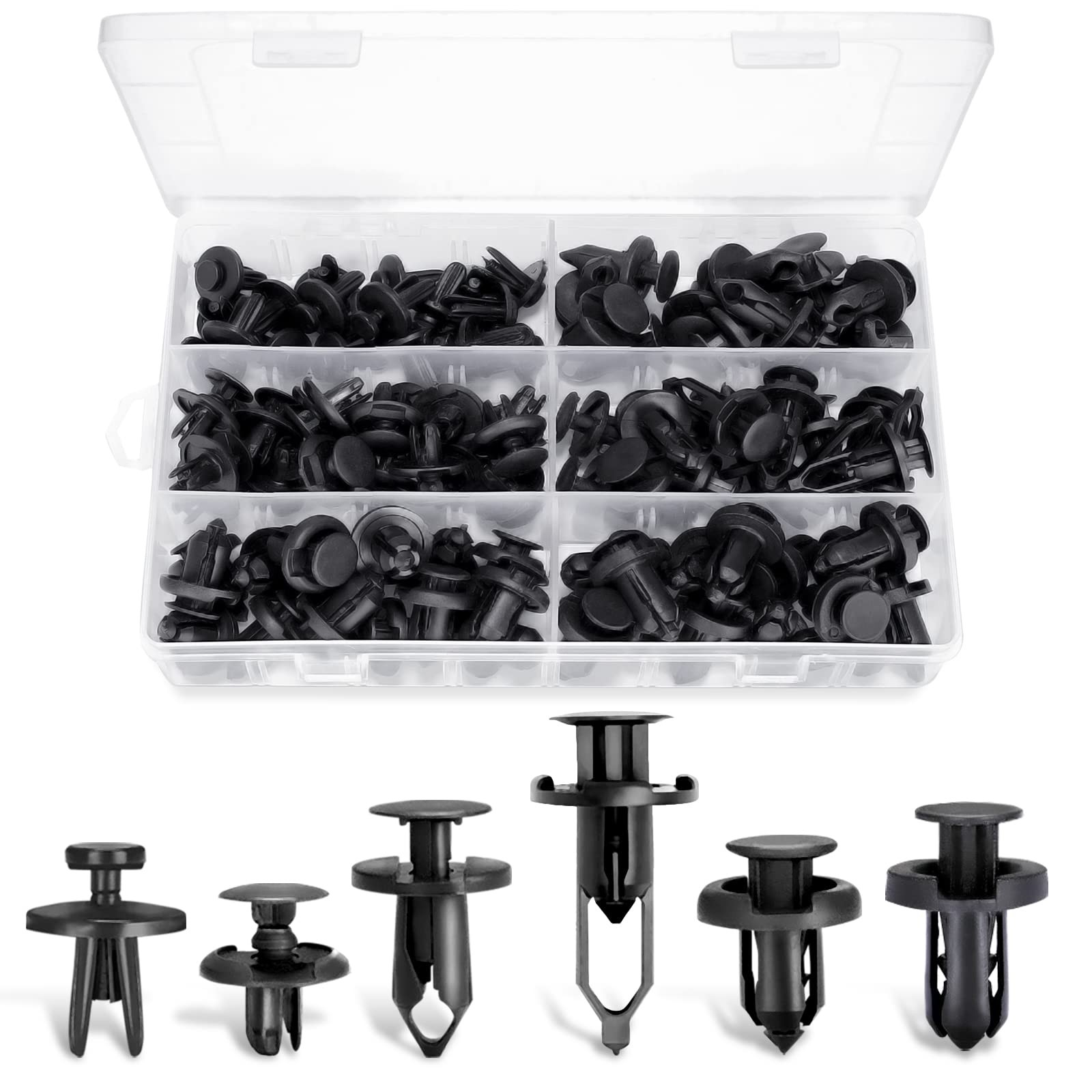 Ginsco 102pcs 6.3mm 8mm 9mm 10mm Bumper Push Fasteners 102 Piece Set, Black