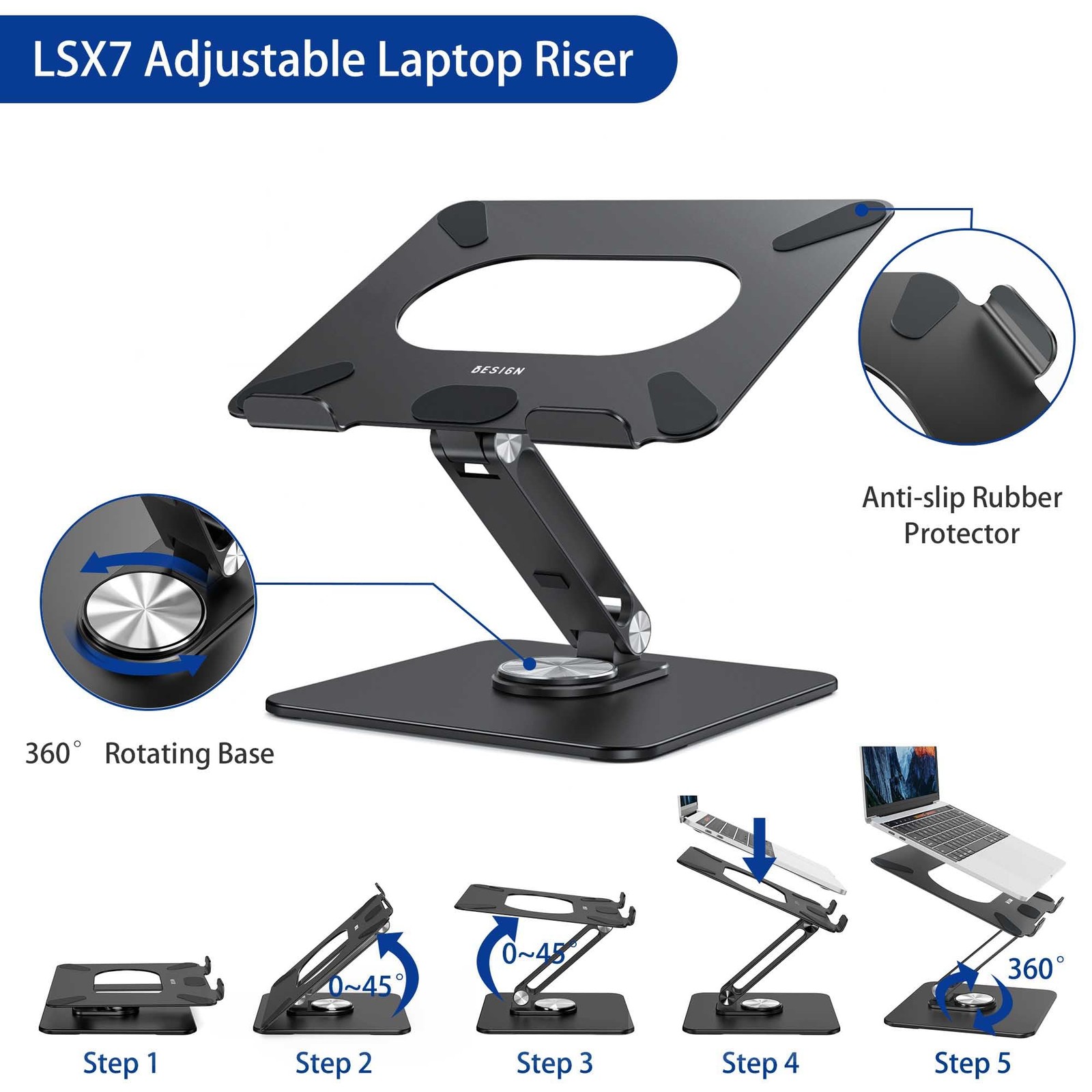 LSX7 Laptop Stand with 360 Rotating Base, Ergonomic Adjustable Notebook Riser...