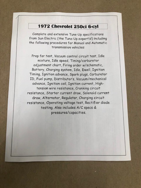 1972 Chevrolet 250ci six-cylinder complete tune-up & service specs (all 6-cyl)