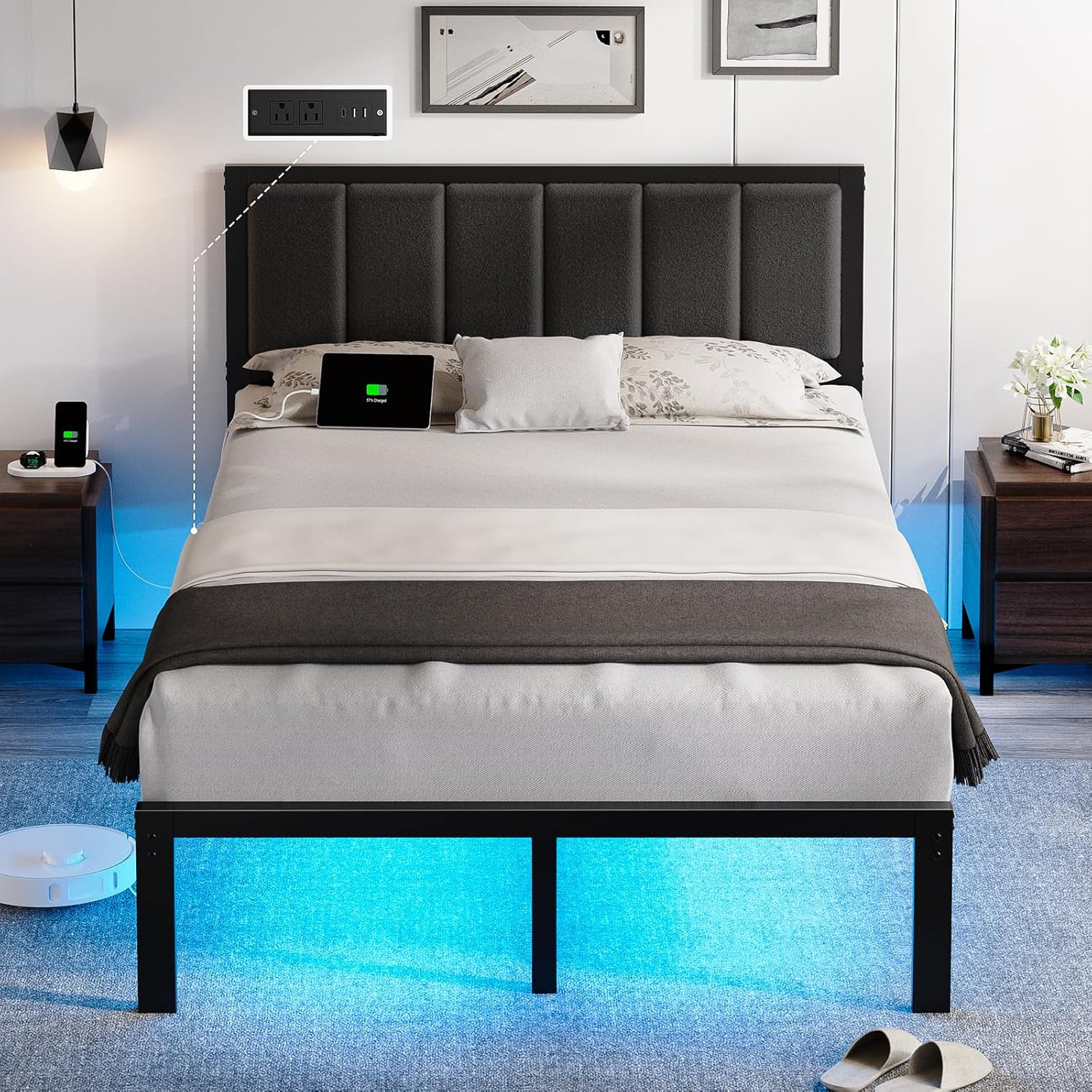 Full Bed Frame with Headboard Metal Platform Bed Full Size with USB Charging Sta