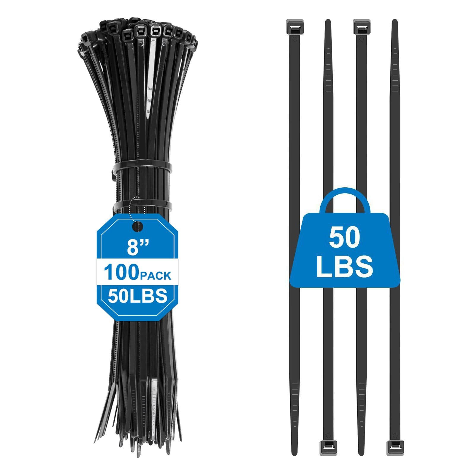 100 PCS 8 Inch Black Zip Ties 50lbs Heavy Duty SelfLocking Nylon Cable Ties