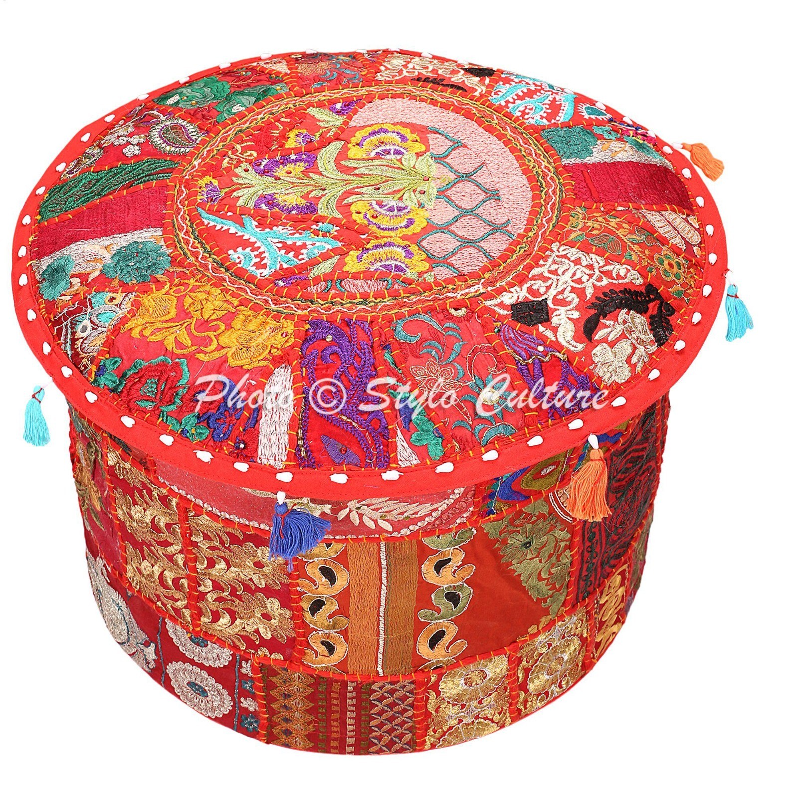 Ethnic Patchwork Vintage Embroidered Pouf Cover 16 Inch Pouffe Footstool Seat