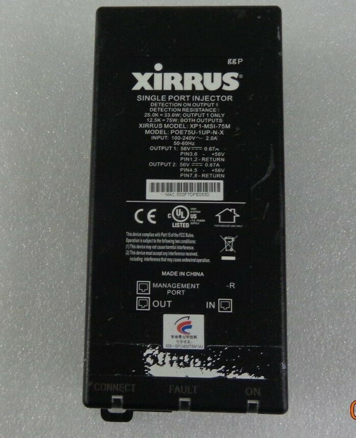 Xirrus POE75U-1UP-N-X / XP1-MSI-75M Injector Power Over Ethernet