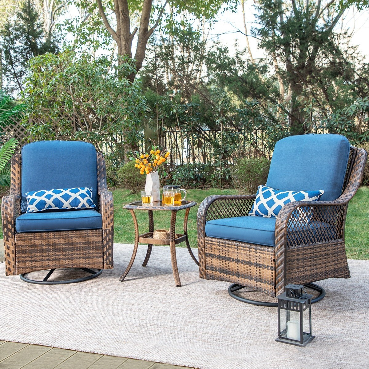 Oversized Outdoor Wicker Patio Furniture Set 3 Piece Rattan Swivel Rocker Chairs