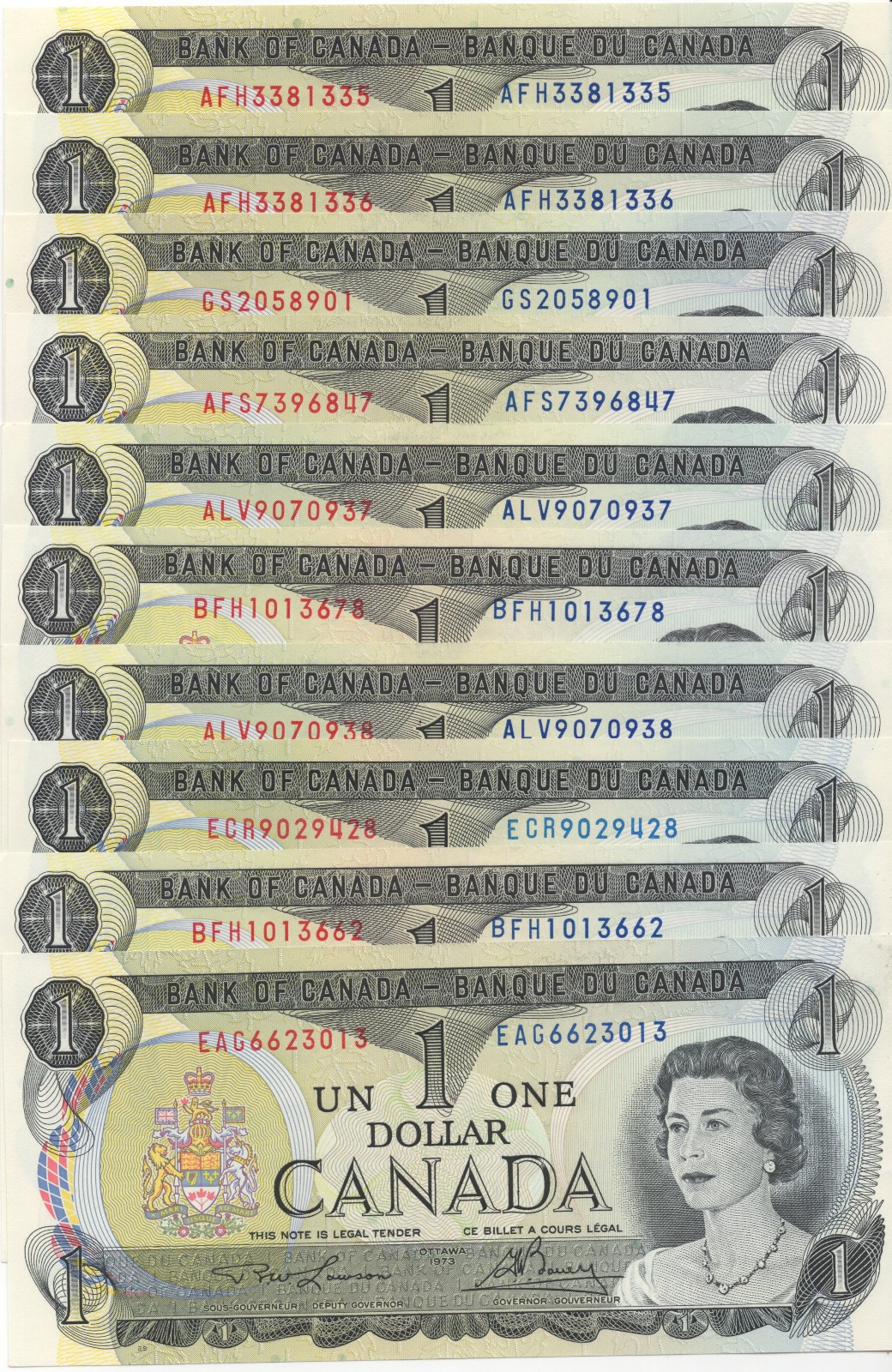 Bank of Canada 1973 $1 Lot of 10 Notes UNC Crow - Bouey Lawson - Bouey