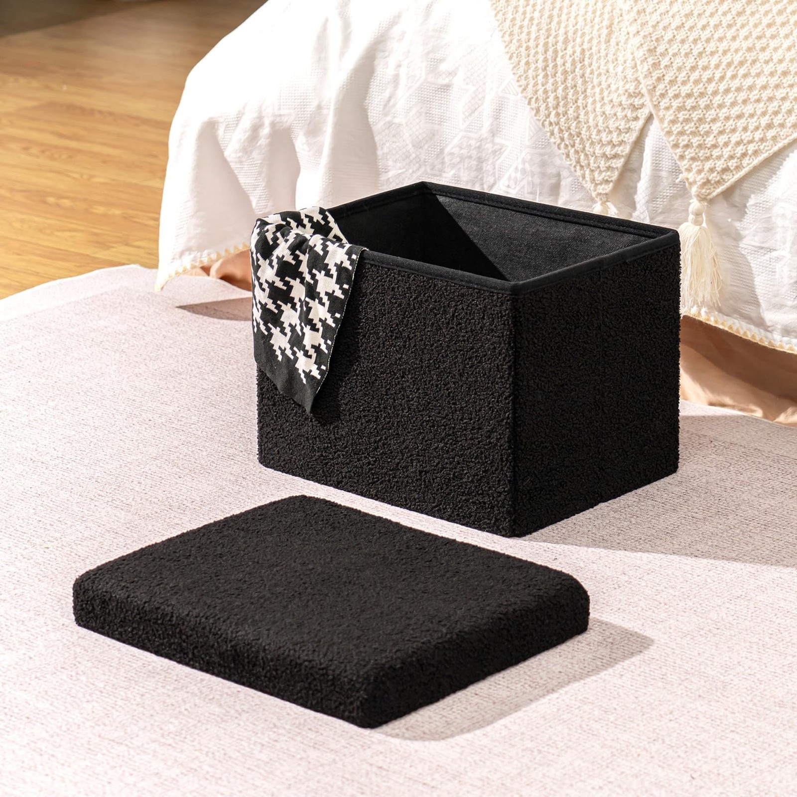 Storage Ottoman Cube Small Sherpa Ottoman Foot Rest, Foldable Portable Boucle...