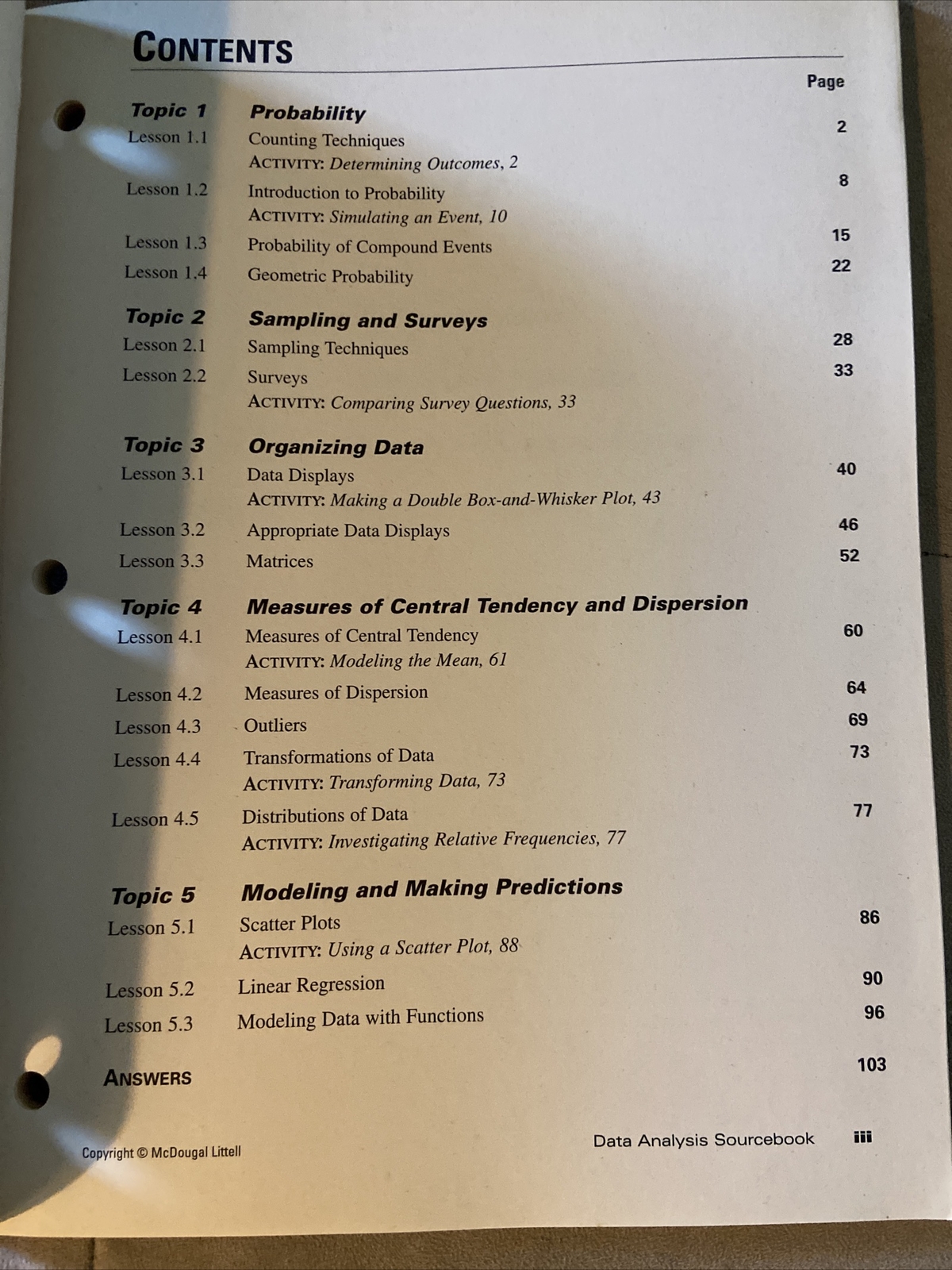 Data Analysis Sourcebook McDougal Littell Learning Material