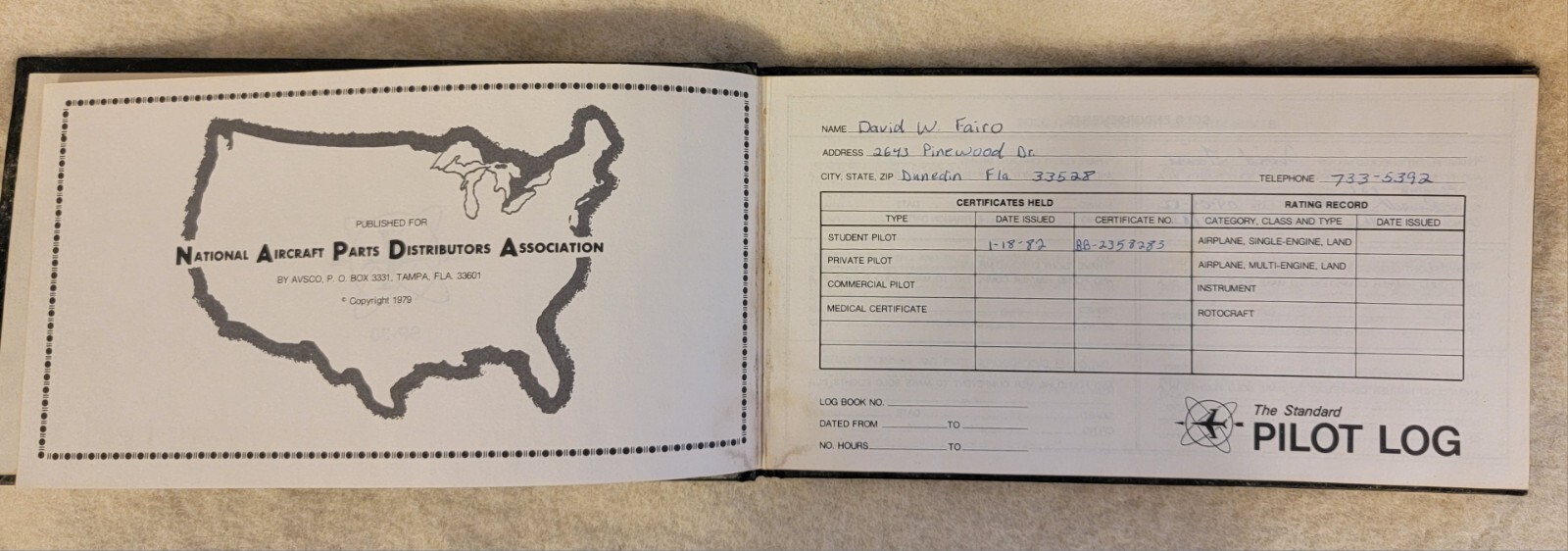 1982 David W Fairo USAF Standard Pilot Log SP 30 w Russell H Trombly Instructor