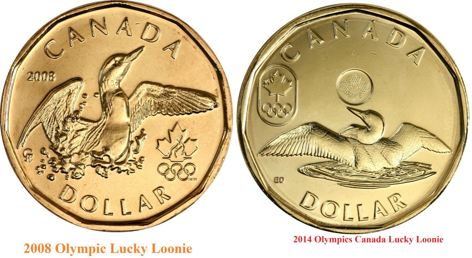 Set of Two Olympic Lucky Loonie Coins (Canada 2008 & 2014) (Mint UNC.)