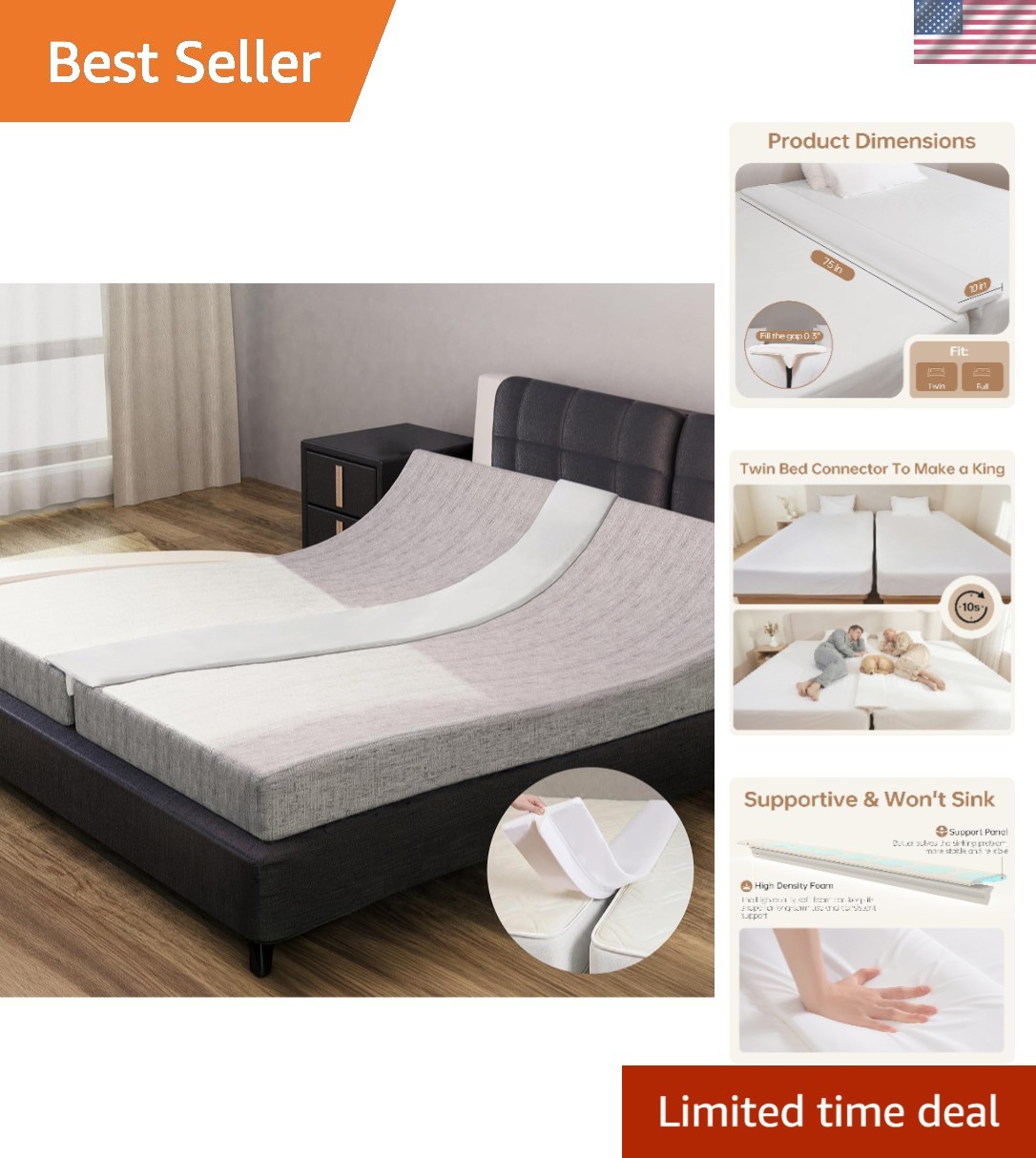 75" T-Wedge Bed Bridge for Twin to King, 2.48 lbs, Ultimate Sleep Solution