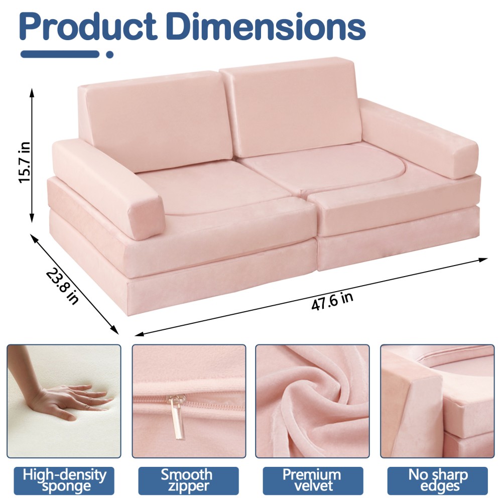 Kids Modular Play Couch 10-Piece Set, Convertible Foam Fort Sofa