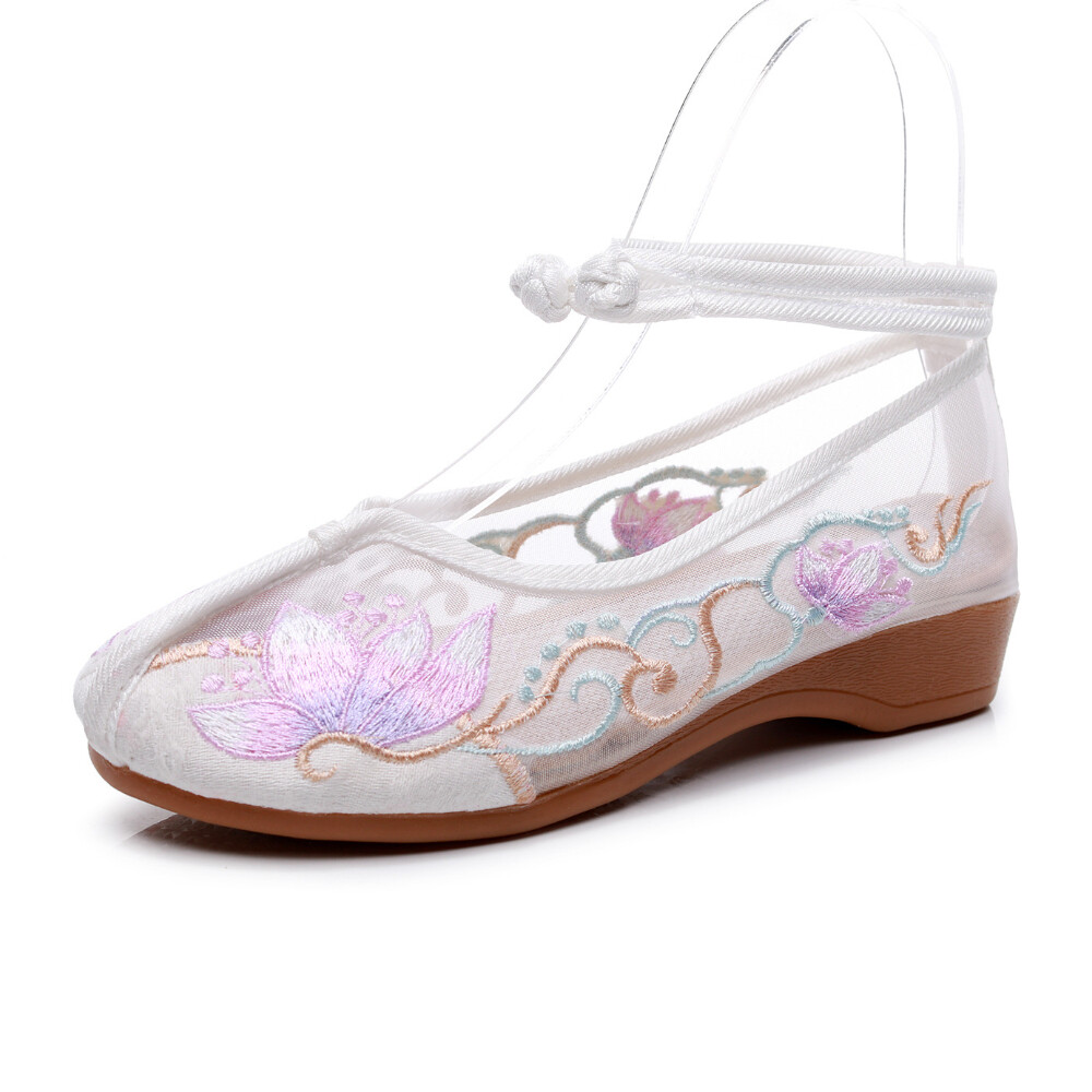 Chinese Retro Hanfu Shoes Summer Mesh Ballet Loafer Floral Embroidered Wedding