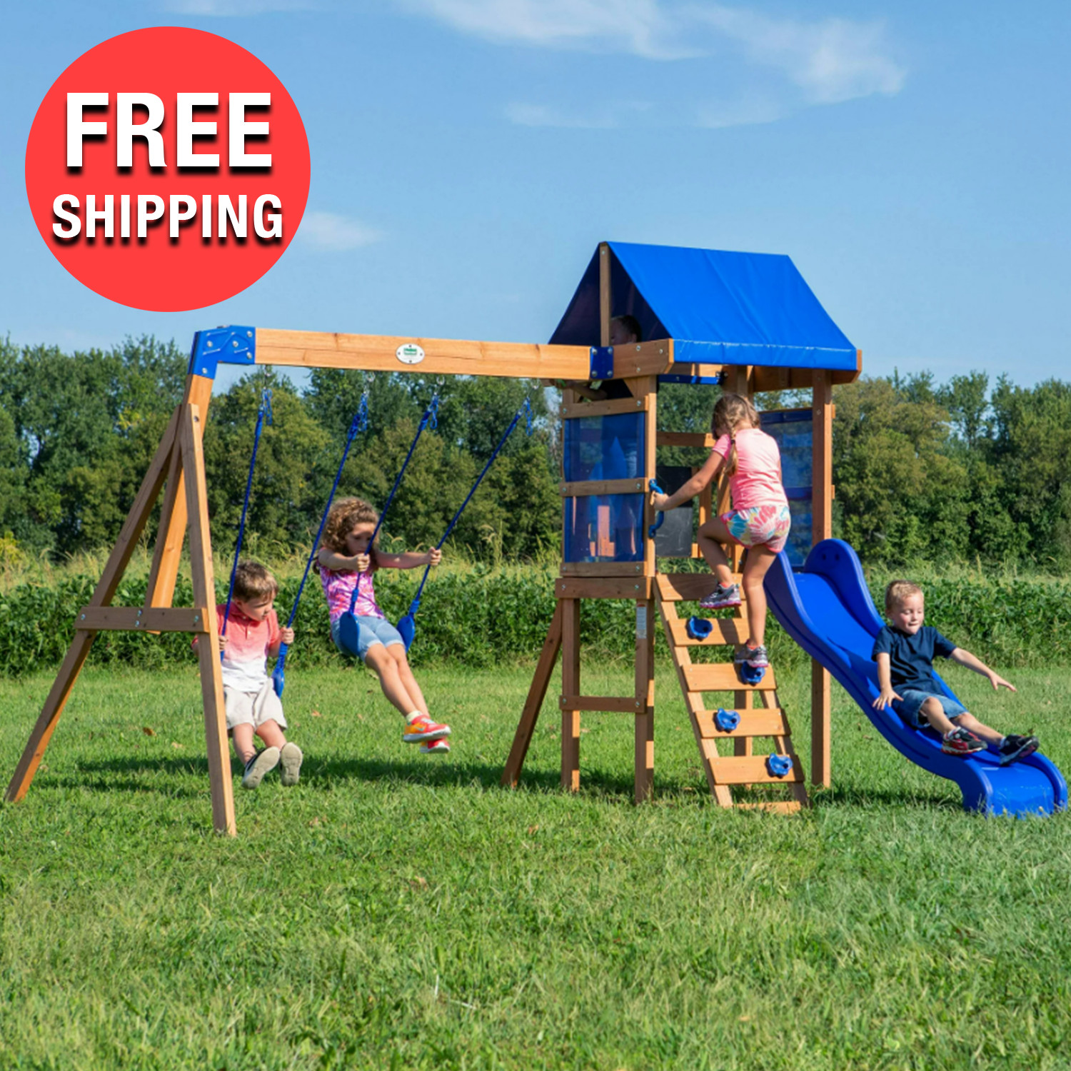 Kids Outdoor Wood Playground Swing Play Set W/ Clubhouse Slide Rock Wall Ladder